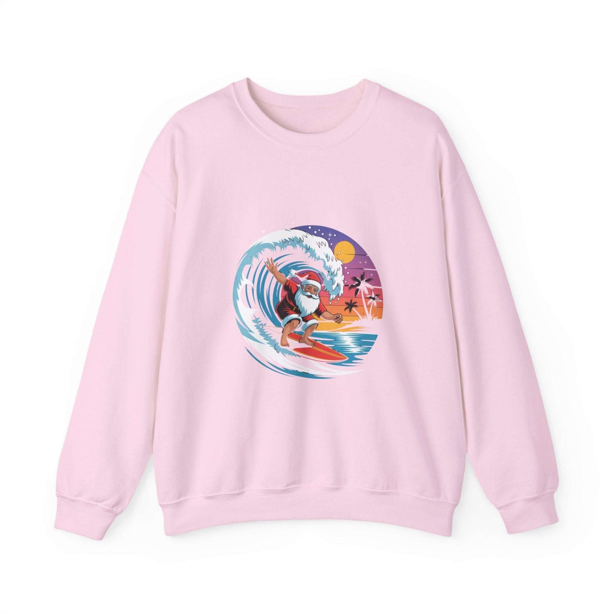 Navy Santa sweatshirt featuring a surfing design, perfect for holiday beachwear by Printify.