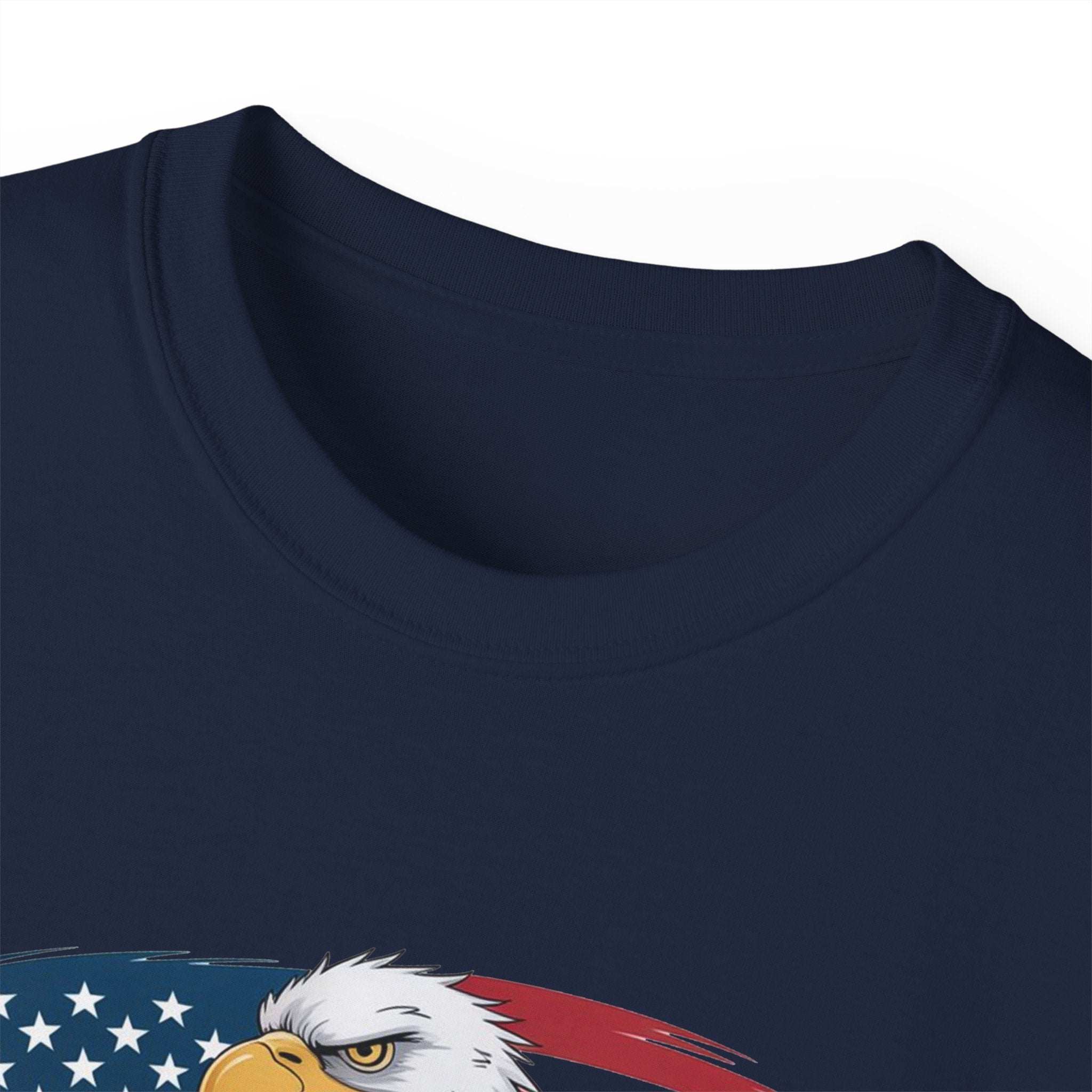 Navy blue veteran tee shirt with American flag and bald eagle design, unisex classic fit