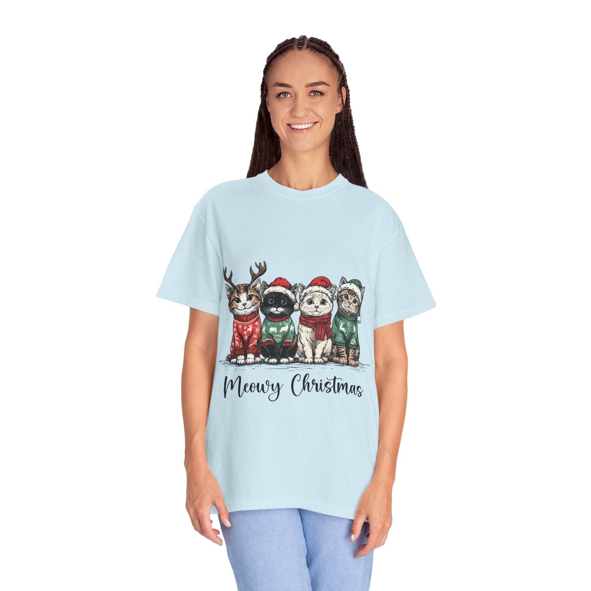 Bay Cat Lover T-shirt with Meowy Christmas design from Printify, perfect festive gift for cat enthusiasts.