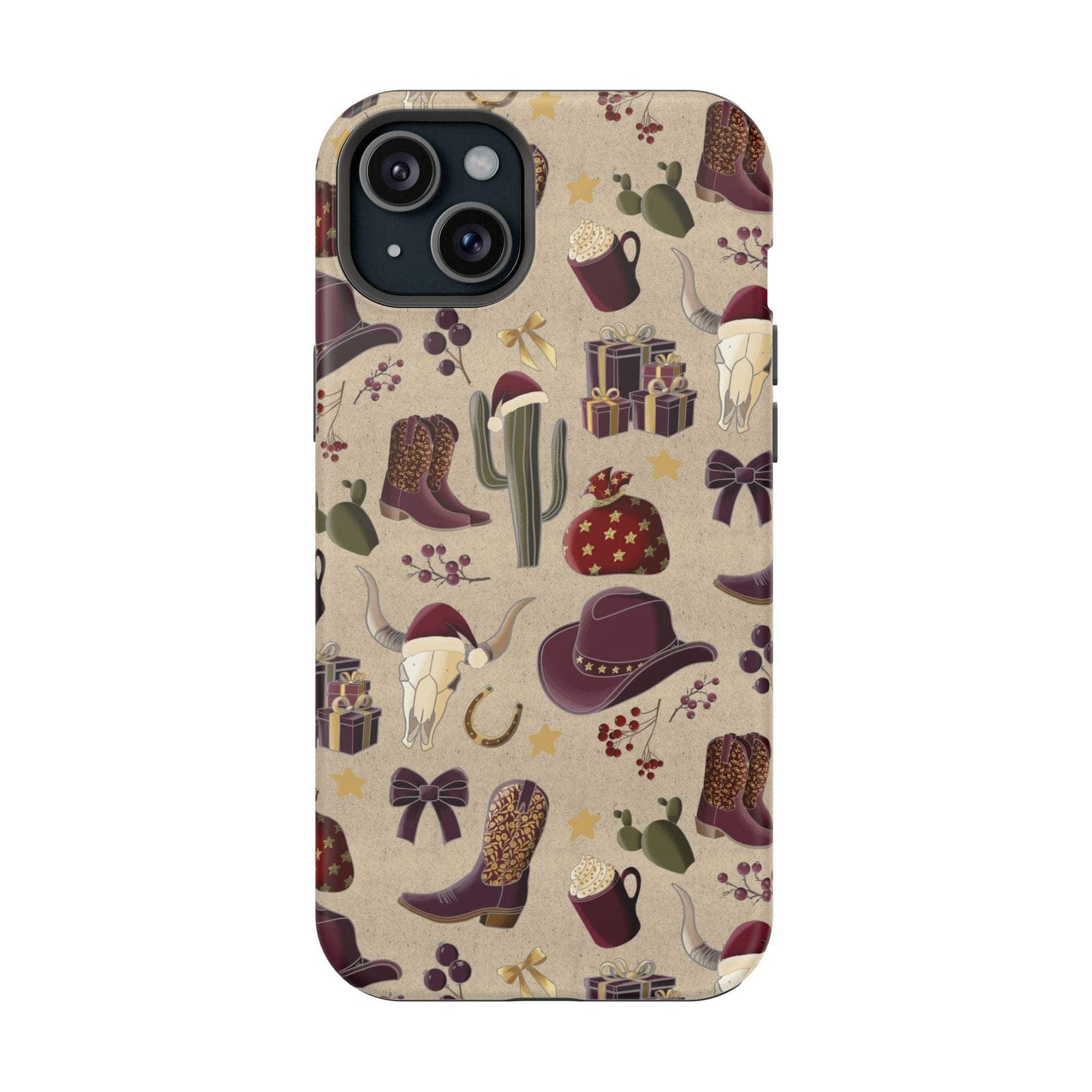 Cowboy Christmas design phone case for iPhone 17 in glossy finish by Printify, featuring festive colors and patterns.