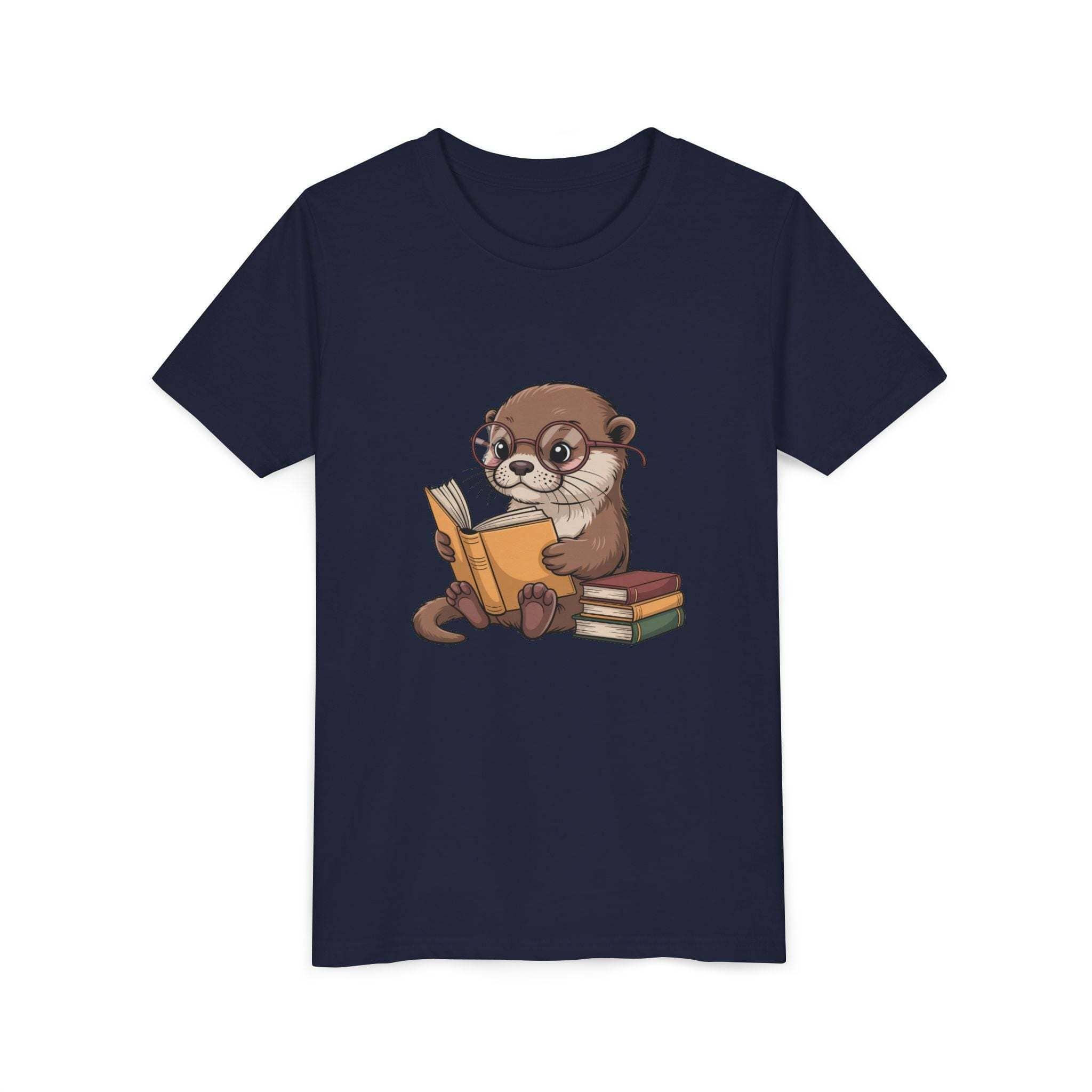 Youth lightweight tee with a playful reading otter design, soft and breathable for kids.