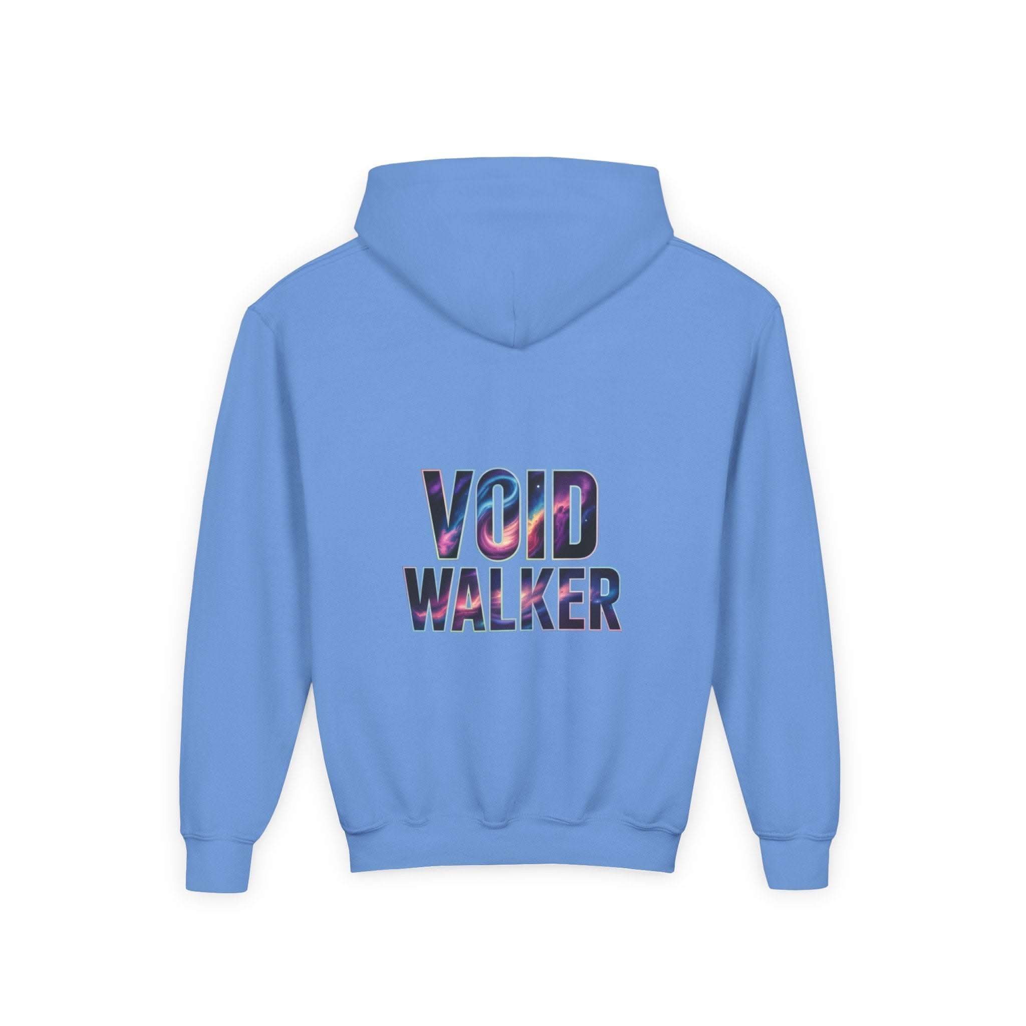 Blue kids galaxy hoodie with Void Walker galaxy print on the back, cotton-polyester blend, kangaroo pocket, cosmic design