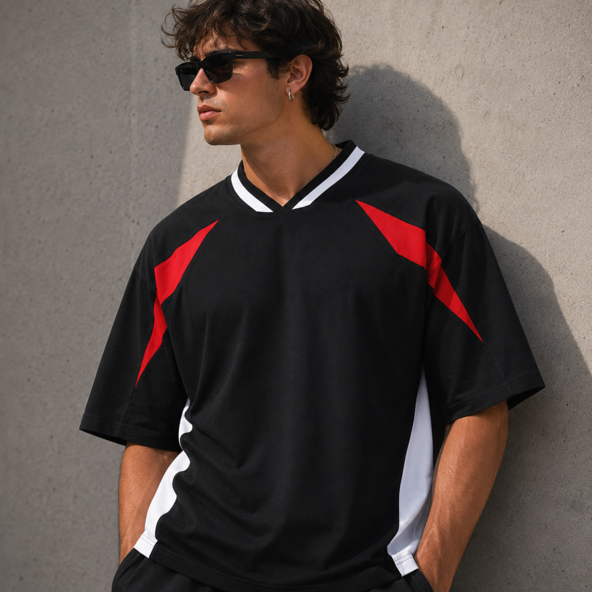 Unisex Oversized Color Block V-Neck T-Shirt | Heavyweight Streetwear Raglan Tee
