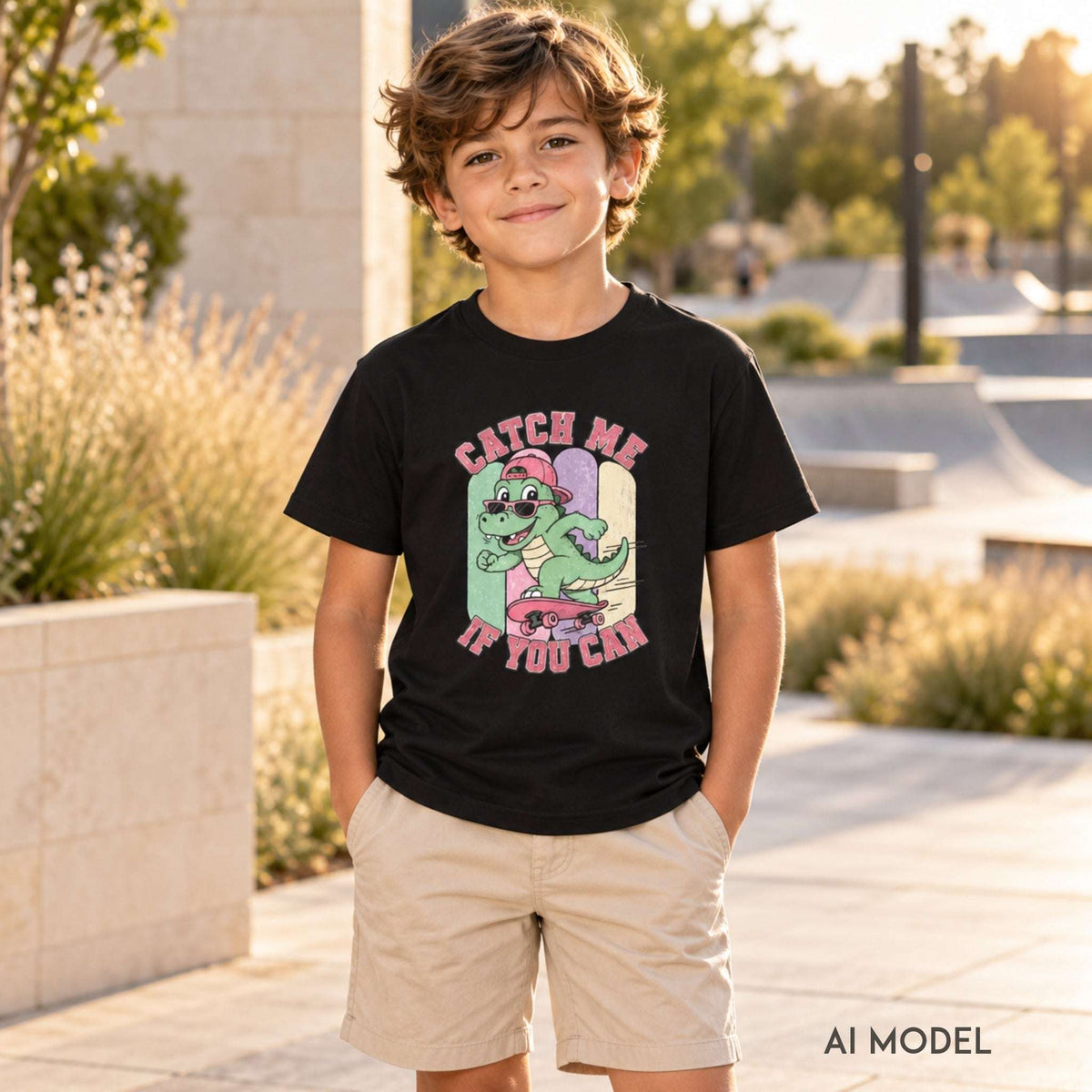 Boy wearing a black “Catch Me If You Can” dinosaur T-shirt with beige shorts, standing beside a skate park in warm sunlight.