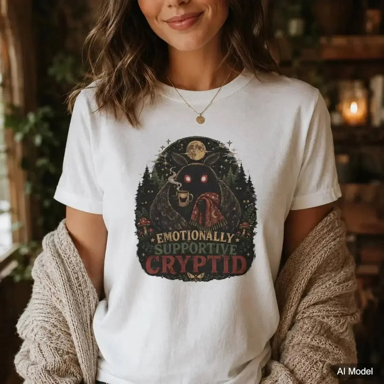 Surreal glowing-eyed Mothman cryptid wrapped in blanket holding mug on cryptid tee