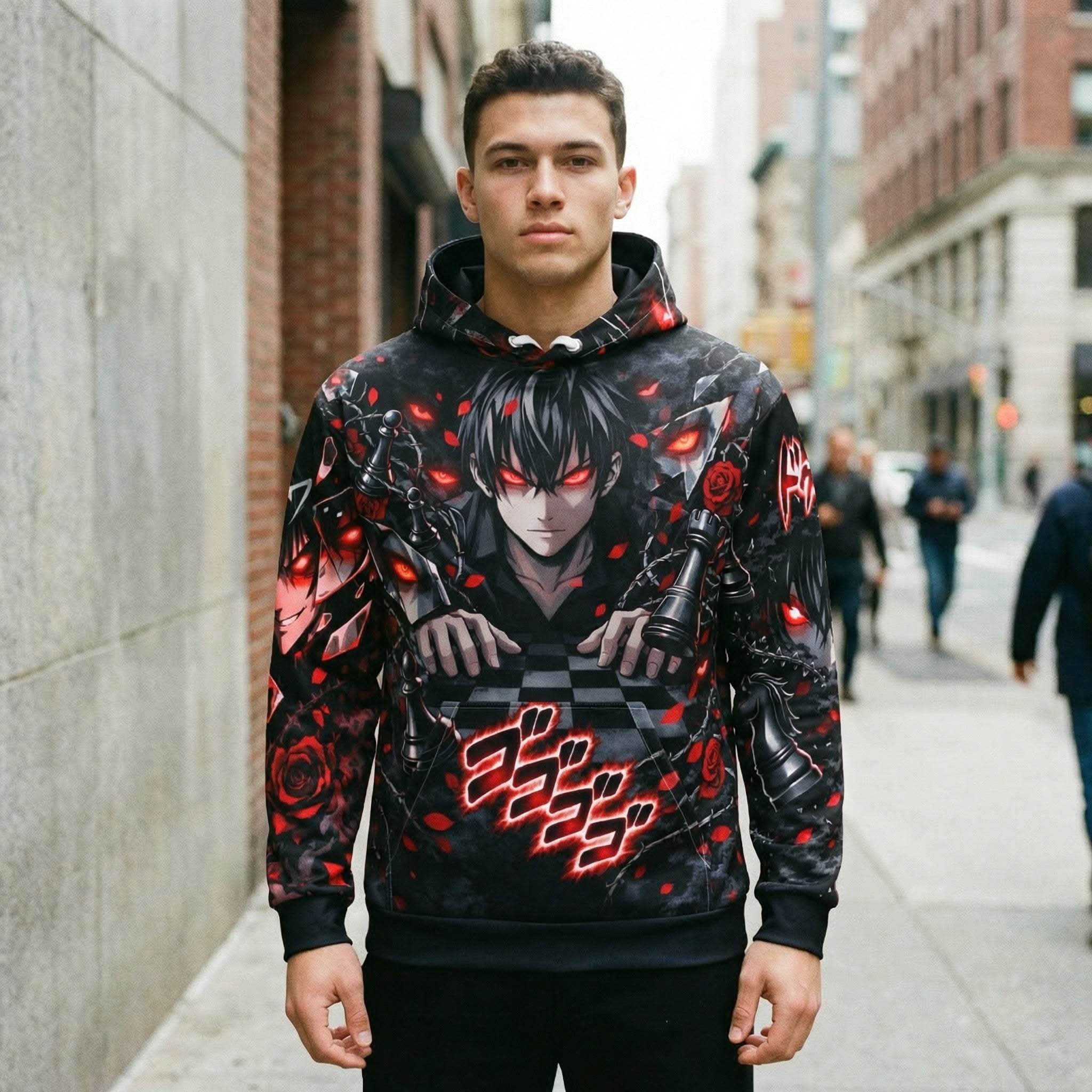Anime Villain Aesthetic Hoodie with dark streetwear design featuring glowing red eyes, shattered mirrors, and crimson black palette.