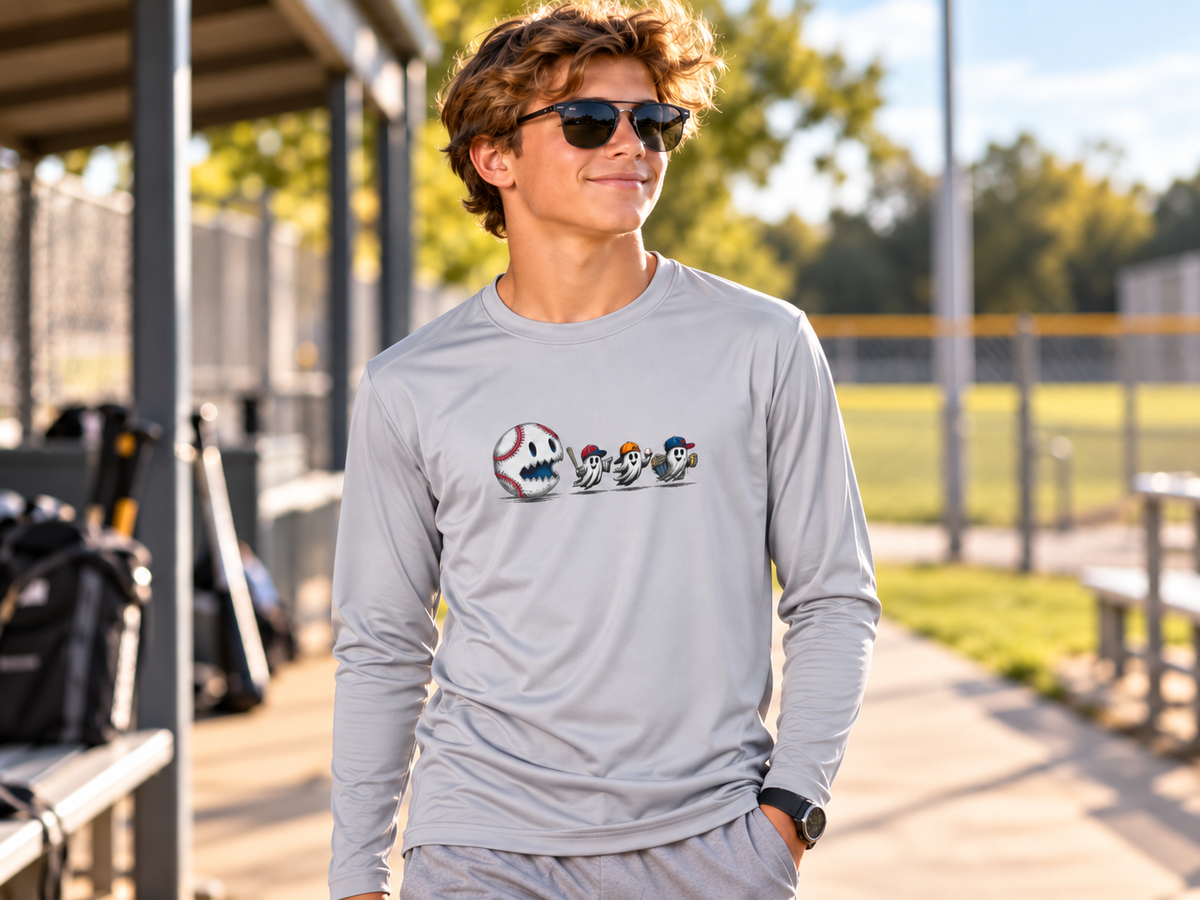 Youth Tee - Fun Halloween Ghosts Baseball Eating Long Sleeve Shirt.