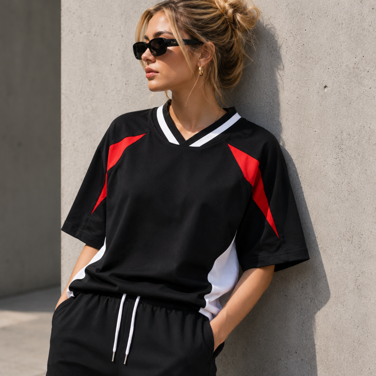 Unisex Oversized Color Block V-Neck T-Shirt | Heavyweight Streetwear Raglan Tee