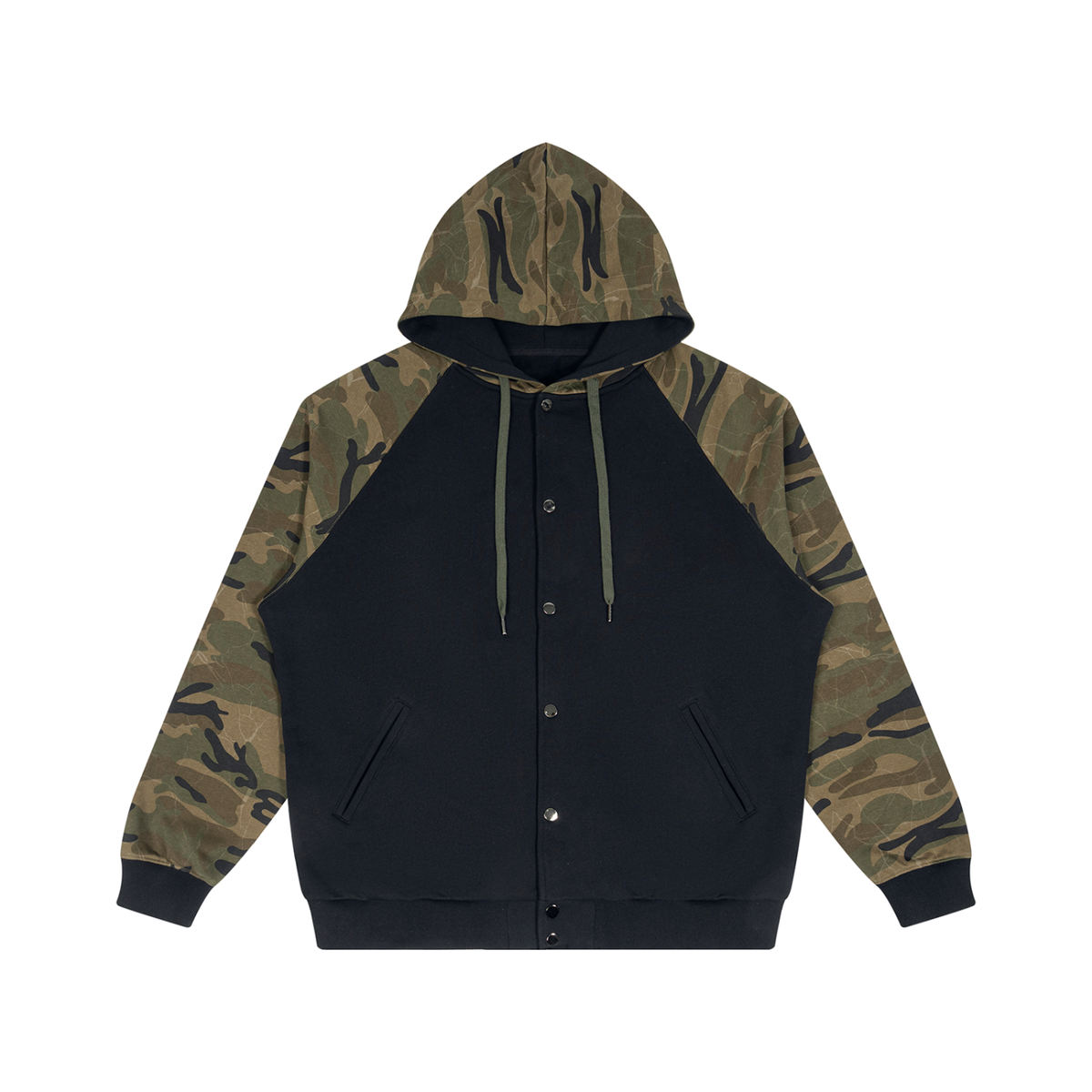 Unisex black button-front hoodie with camouflage raglan sleeves and matching drawstring hood