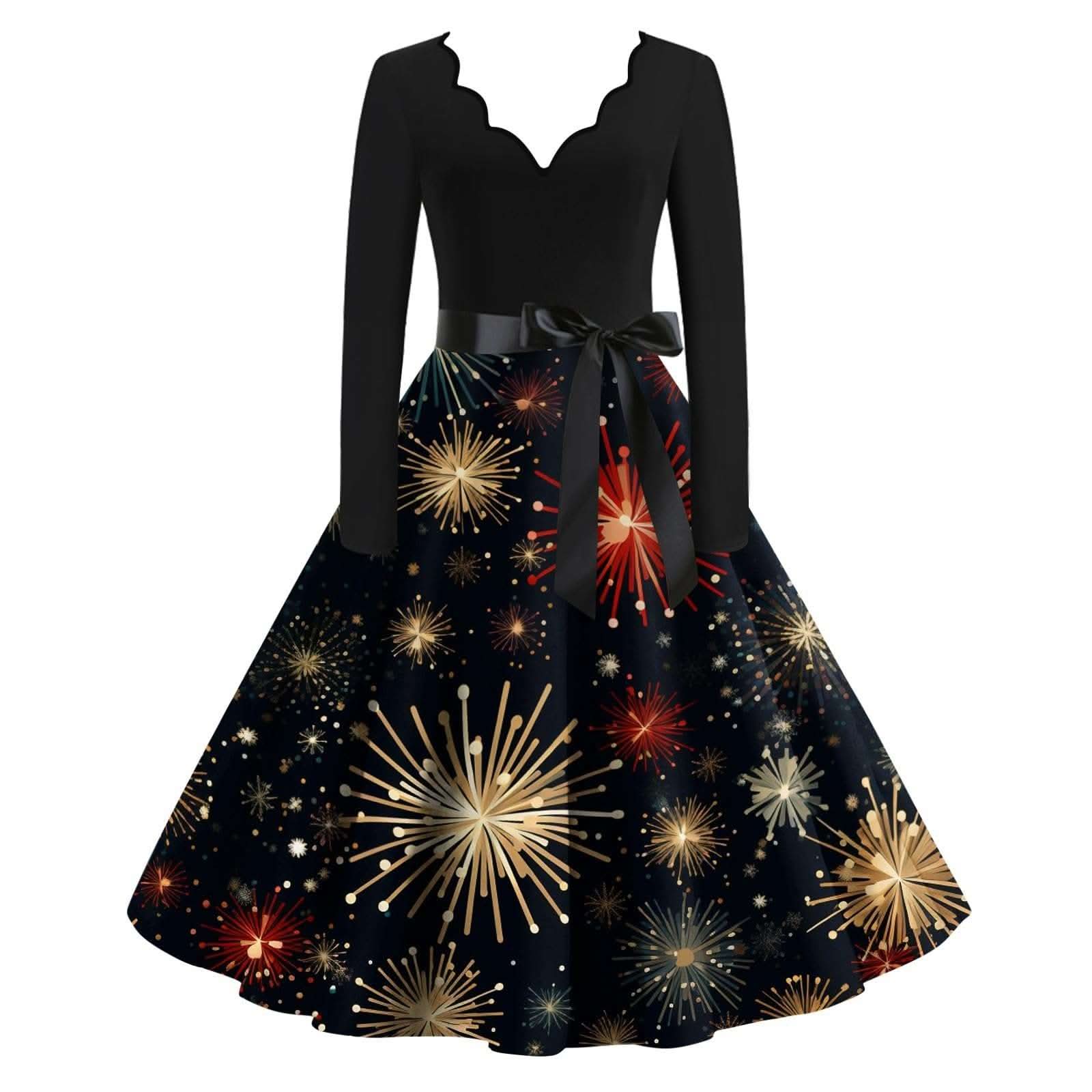 Woman wearing vintage Christmas dress 1950s style in festive holiday setting