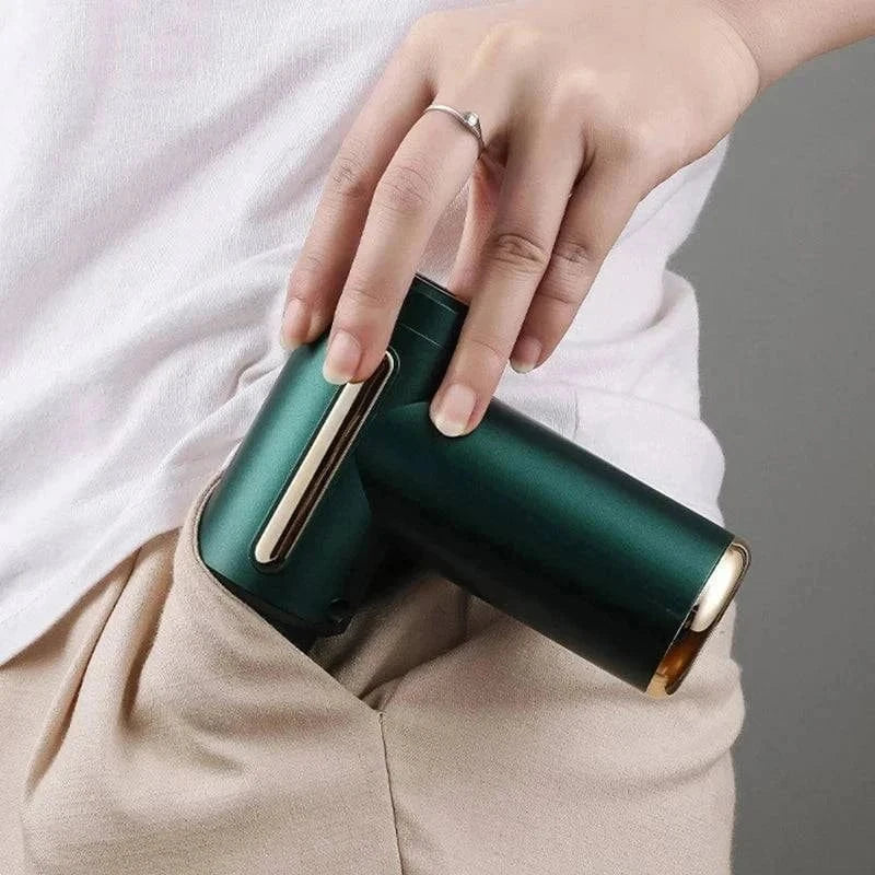 Compact electric fascia gun massager for muscle relaxation and full body use.