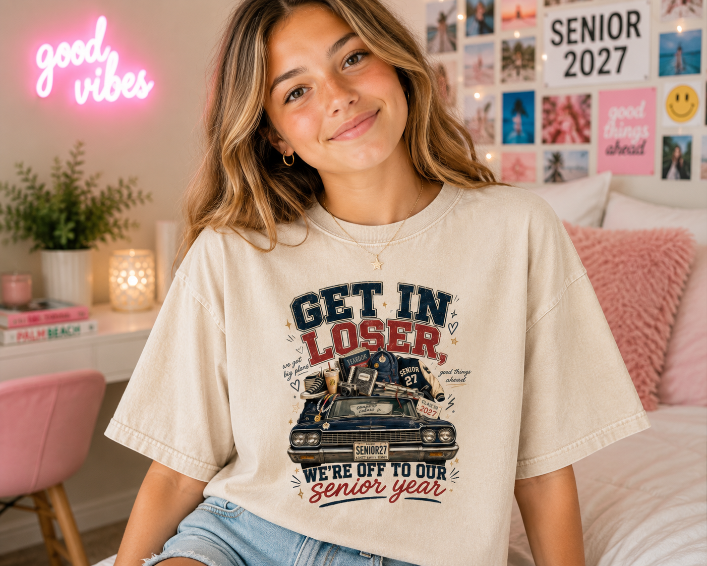 Mineral wash oversized boxy cotton t-shirt with Senior Year 2027 graphic and drop shoulder sleeves