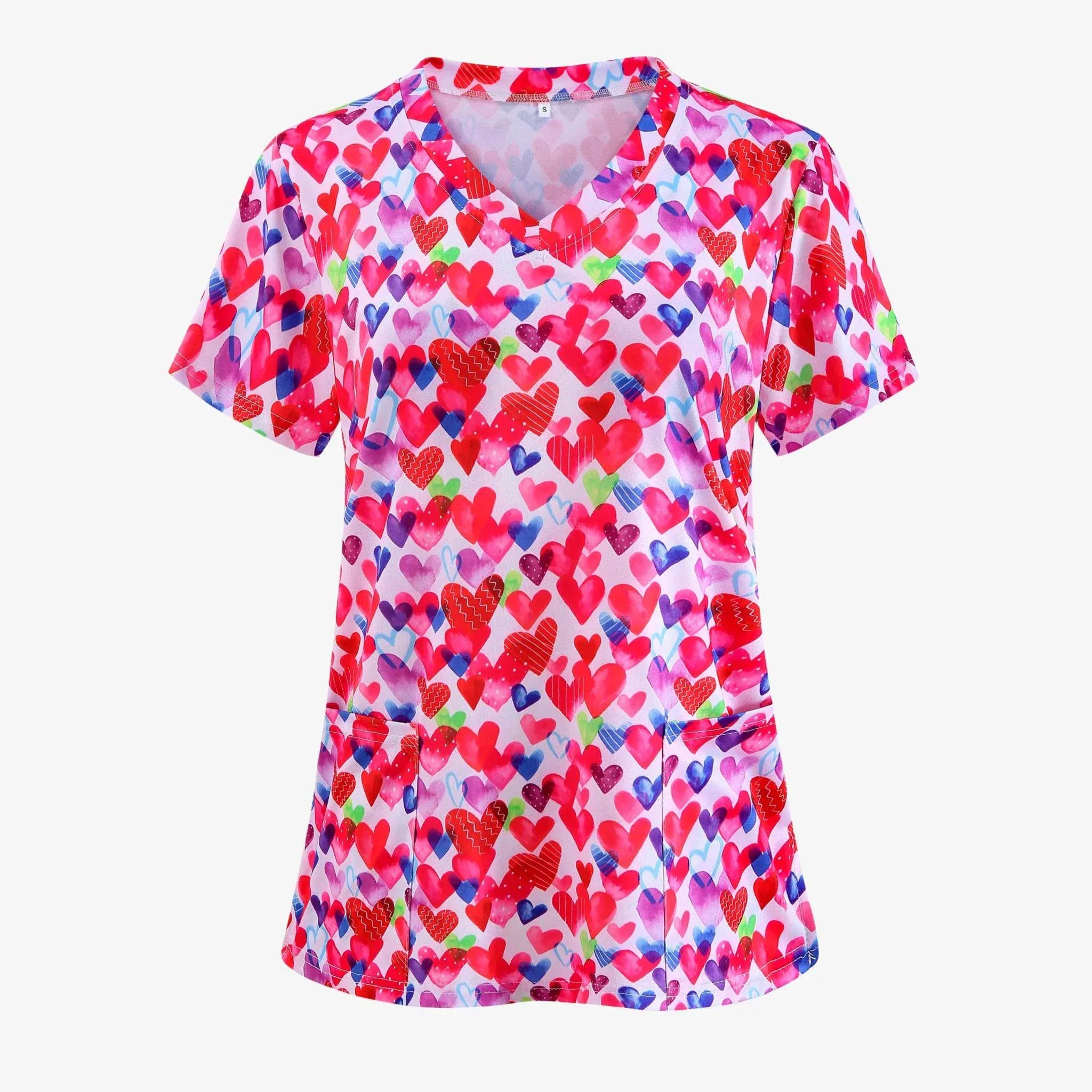 Women’s Valentine Heart Nurse-Style T-Shirt with heart print and V-neck, part of Valentines Day Clothes collection