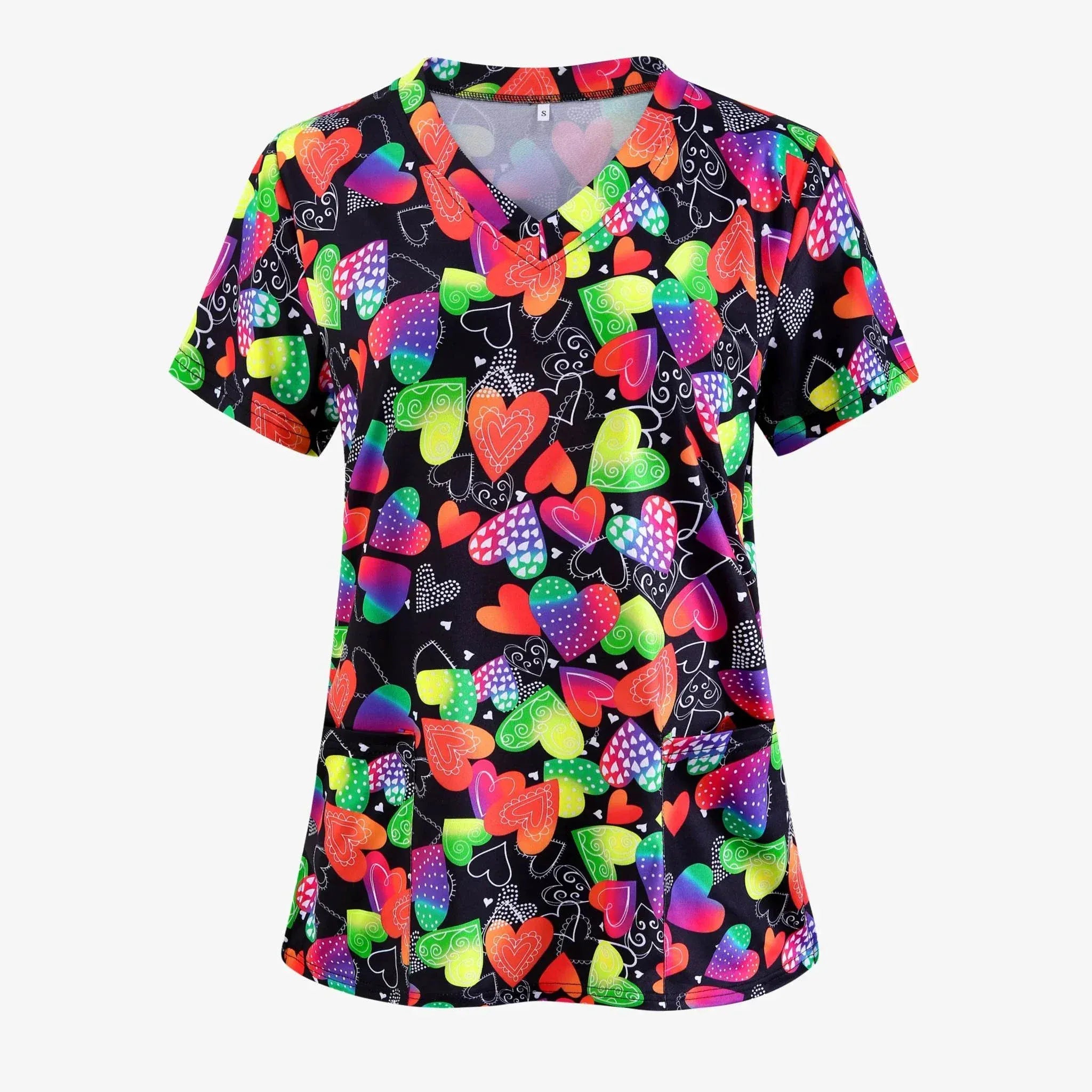 Women’s Valentine Heart Nurse-Style T-Shirt with heart print and V-neck, perfect Valentines Day Clothes for casual and festive wear