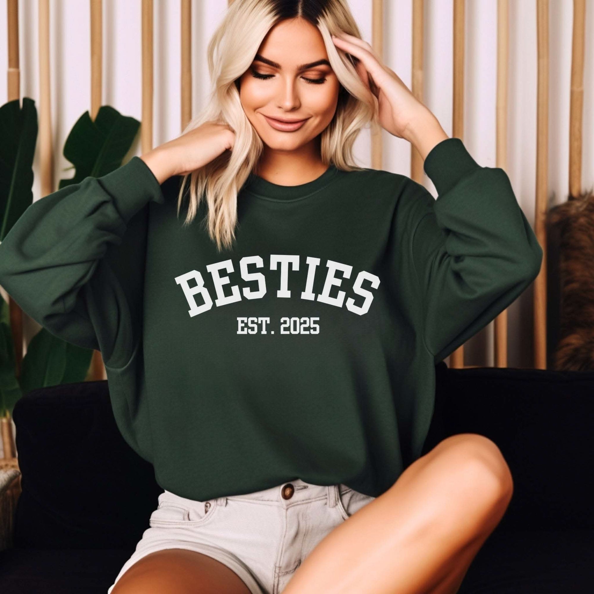 Varsity Besties Crewneck Sweatshirt with varsity-style lettering, cotton blend, and casual collegiate design