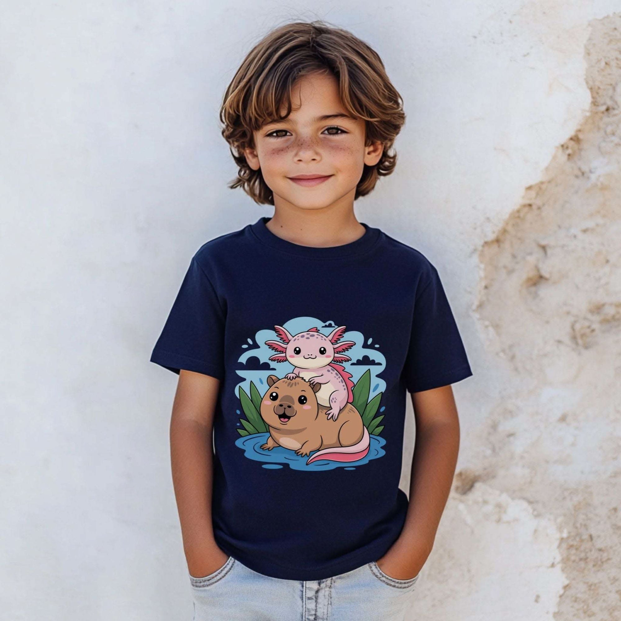 Youth tee featuring an axolotl on a capybara illustration for kids