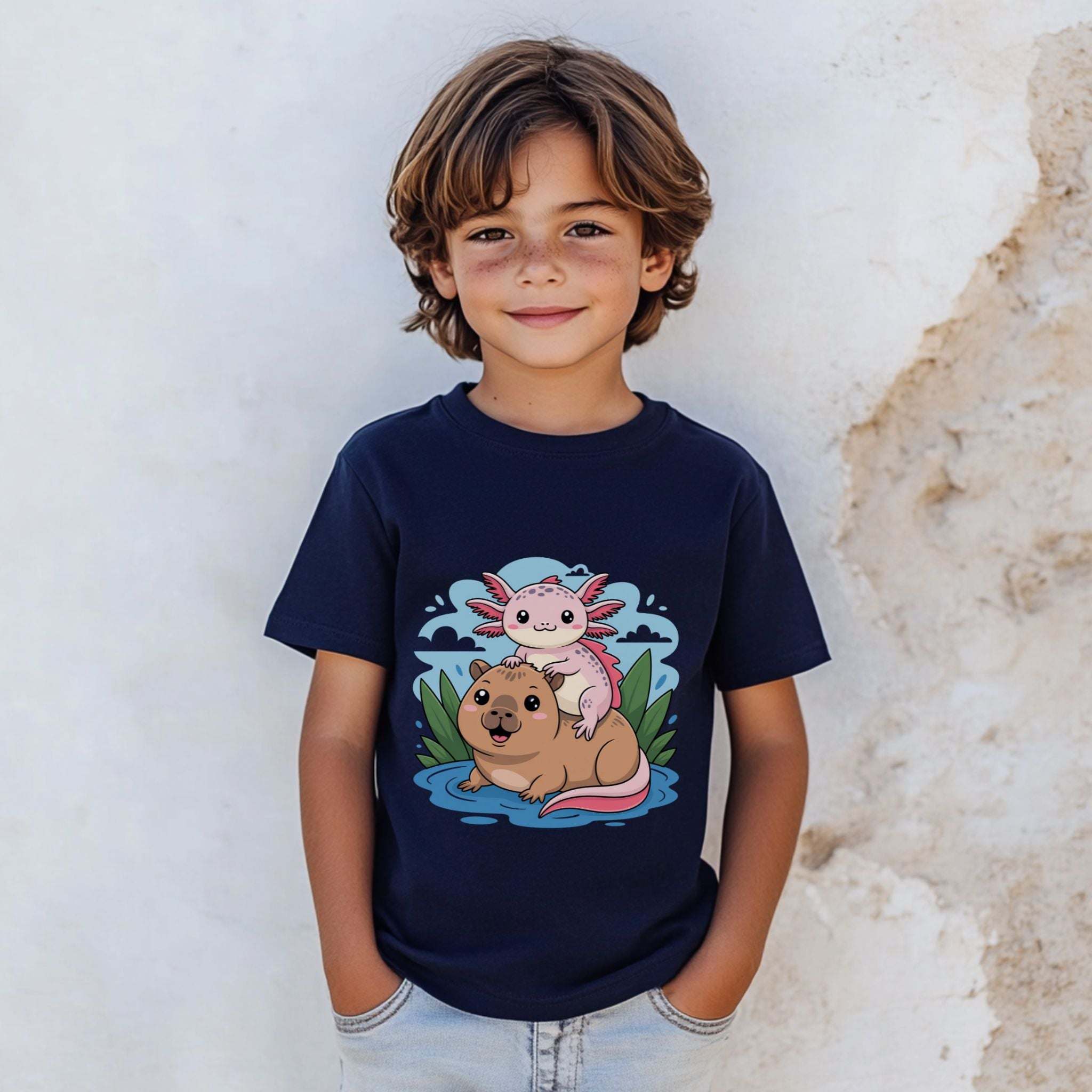 Child wearing navy youth tee with axolotl on capybara graphic design