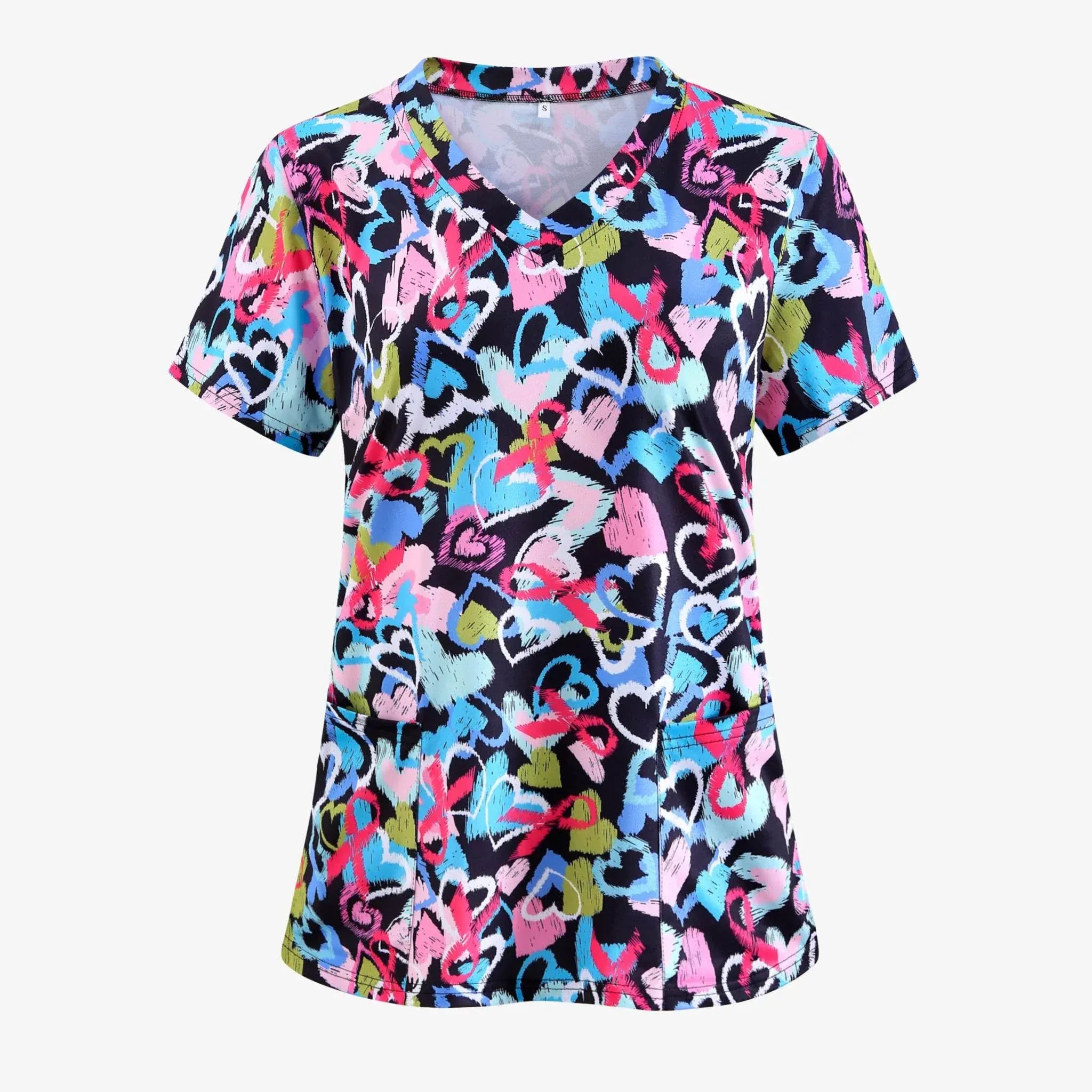 Women’s Valentine Heart Nurse-Style T-Shirt with heart print and V-neck, perfect Valentines Day Clothes