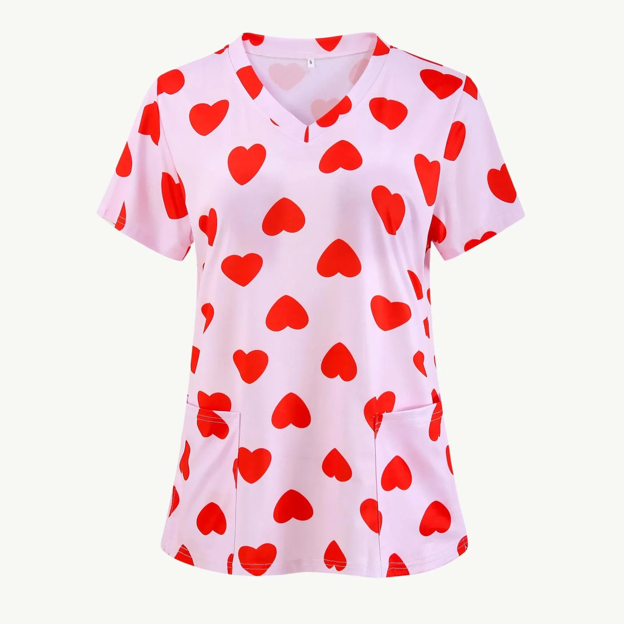 Women’s Valentine Heart Nurse-Style T-Shirt with heart print and V-neck, perfect Valentines Day Clothes for casual wear