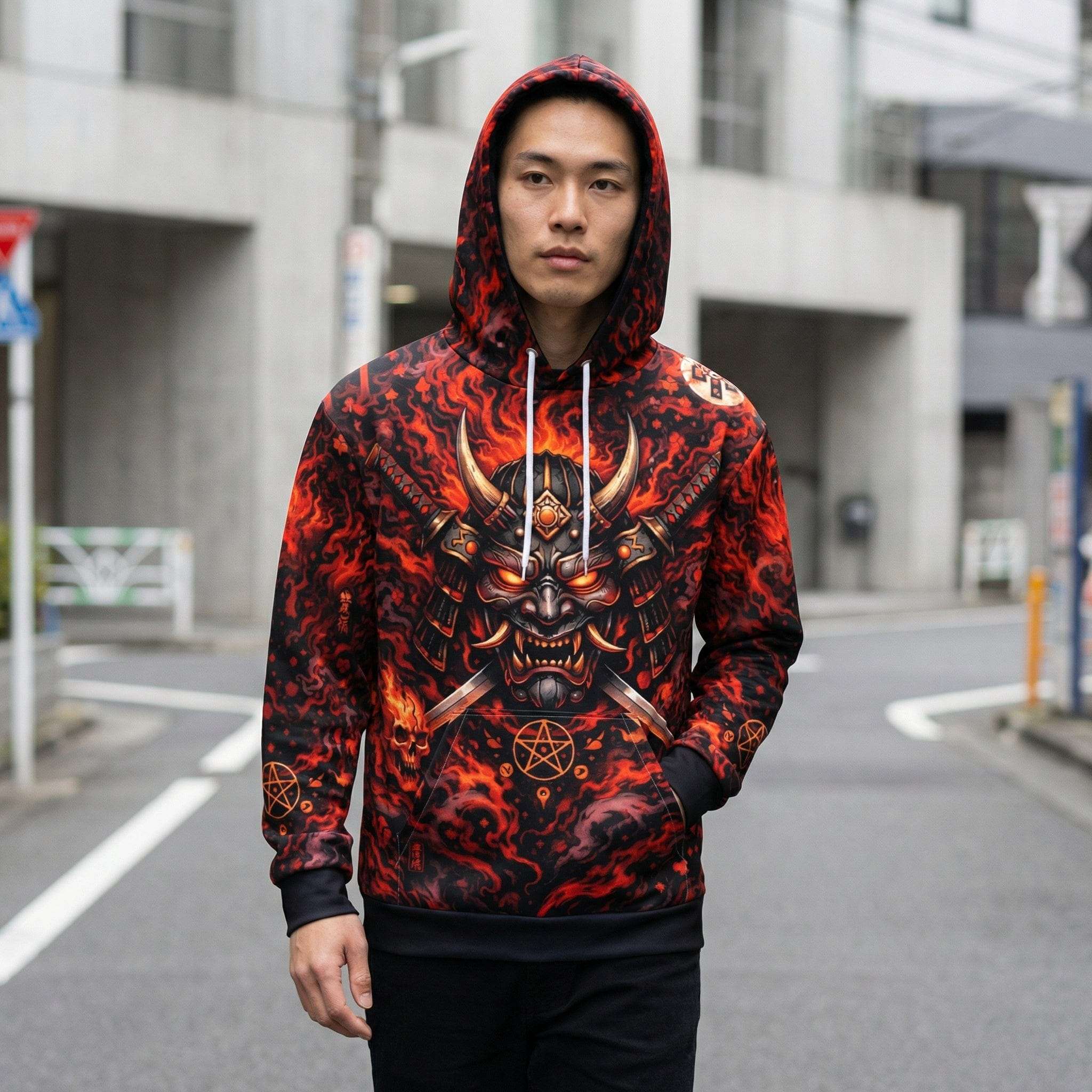 Samurai Oni Mask Cotton Hoodie All Over Print