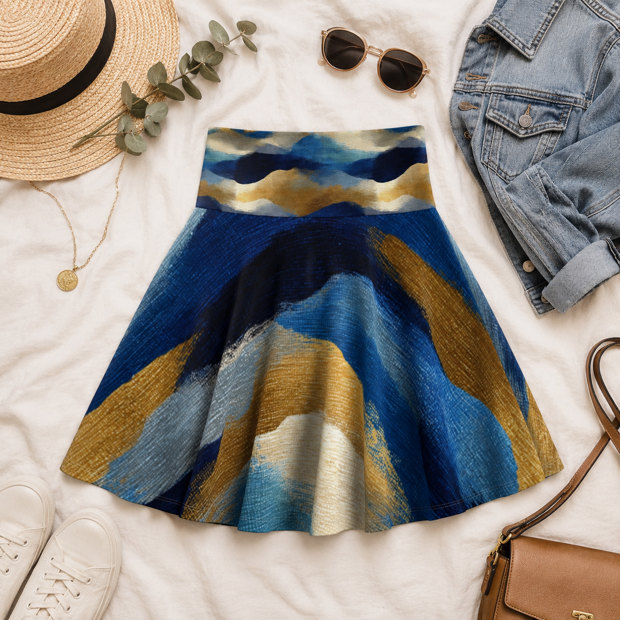 Blue gold abstract wave skater skirt with artistic brushstroke pattern and flowing flared silhouette