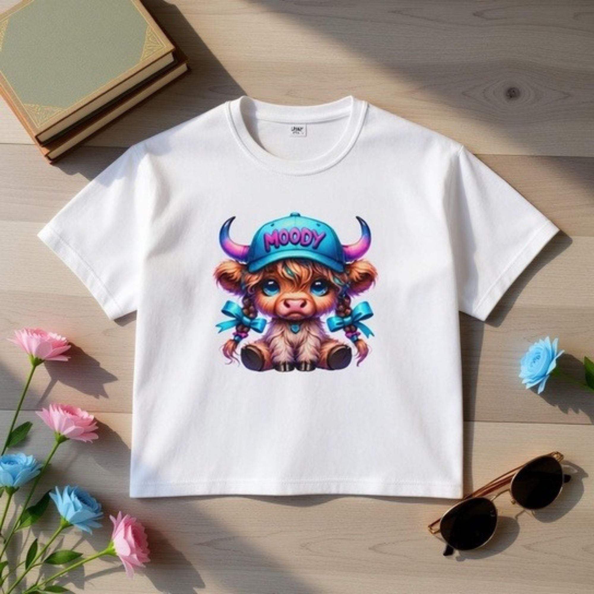 White women's boxy tee with moody girl highland cow graphic and vintage pigment dye look