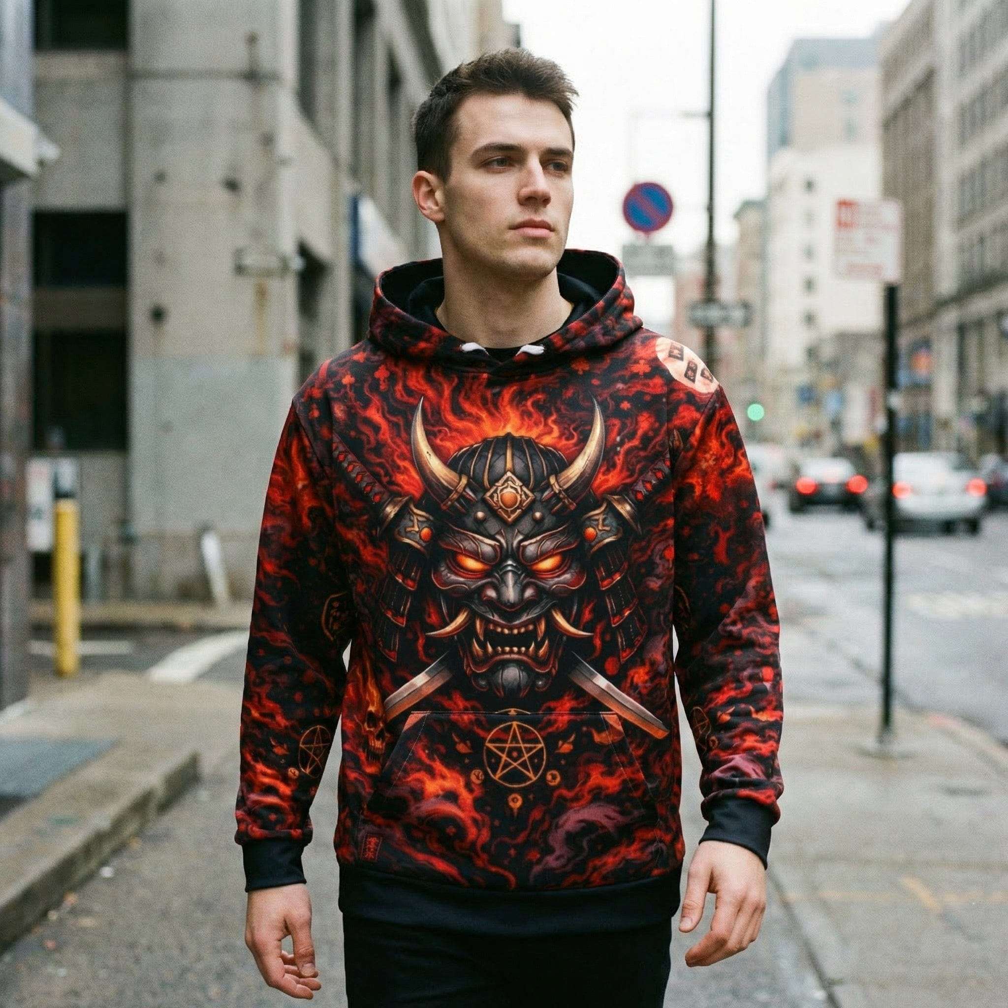 Samurai Oni Mask all-over print cotton hoodie with demonic samurai design and traditional Japanese motifs in crimson and black