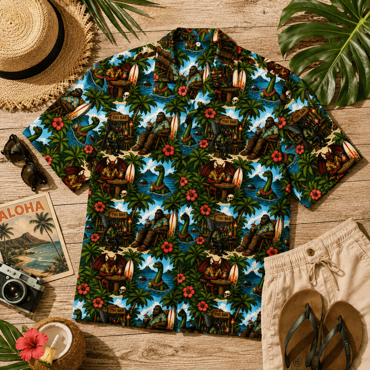 Bigfoot Hawaiian shirt with tropical Sasquatch tiki print and UPF 50+ sun protection