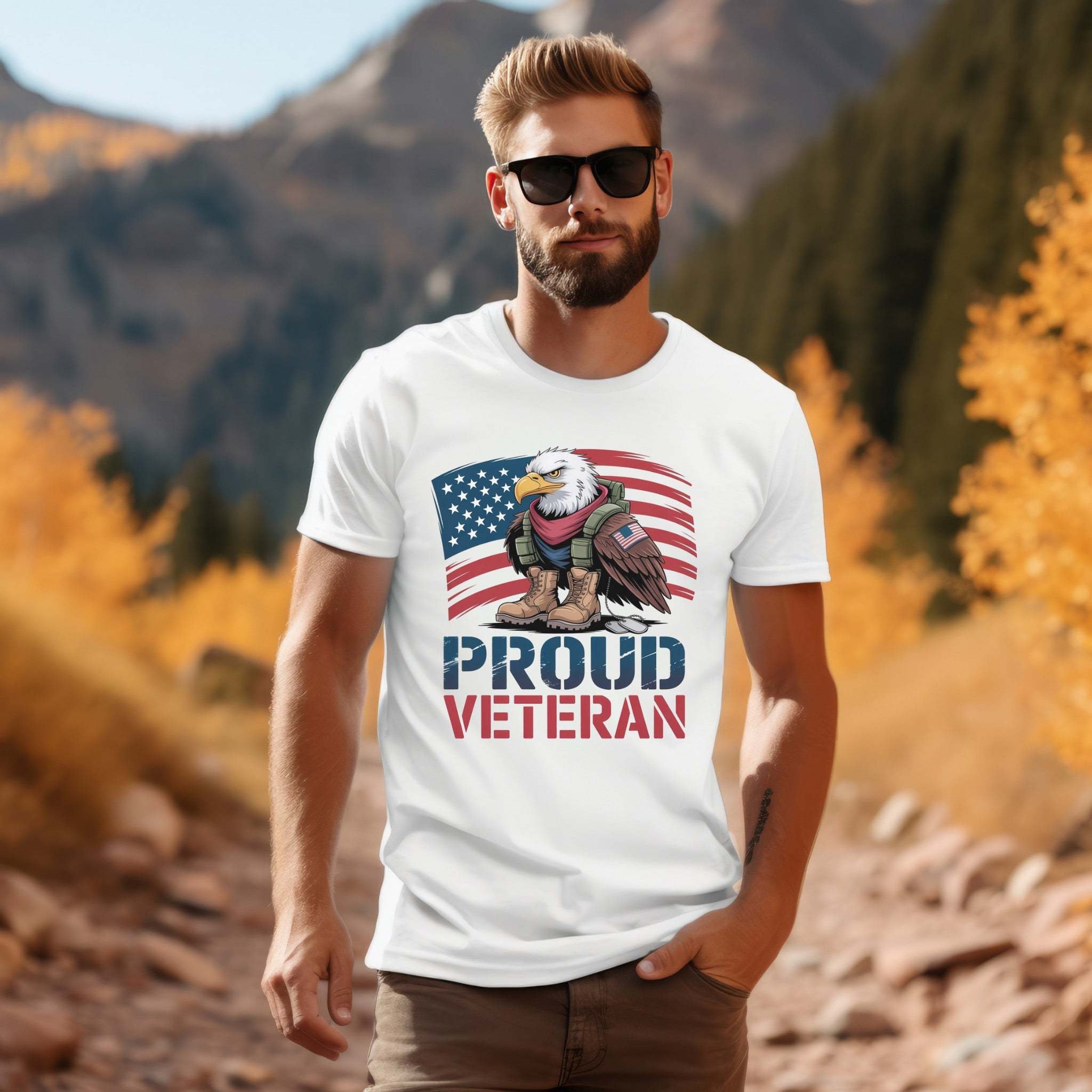 Man wearing white veteran tee shirt with eagle and American flag design outdoors
