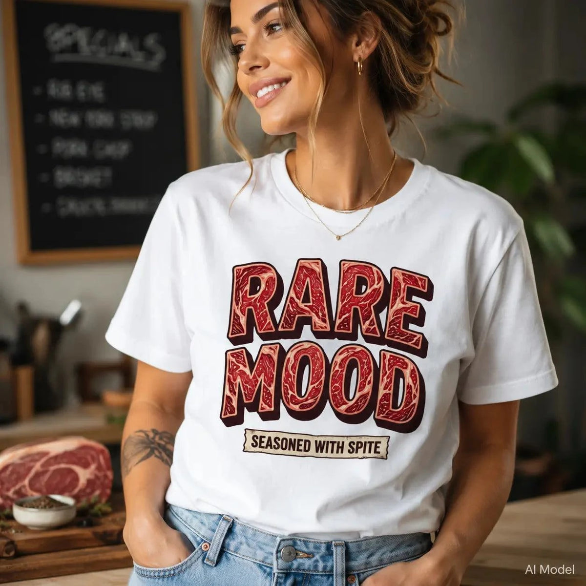 A white garment-dyed t-shirt featuring bold, 3D typography that reads "RARE MOOD". The letters are distinctly textured and colored to resemble raw, marbled red meat. Below the fleshy letters, a vintage-style banner reads "SEASONED WITH SPITE".