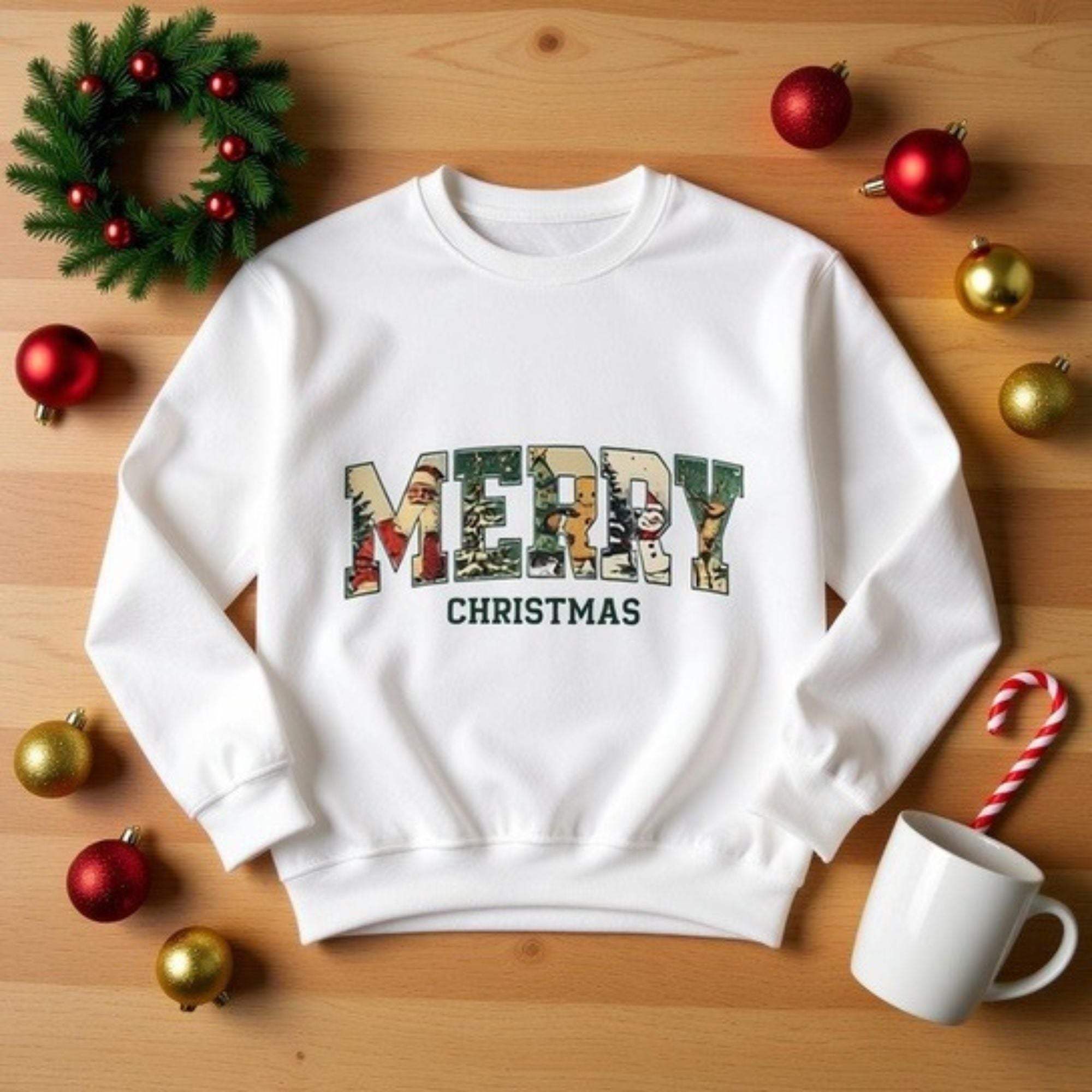 Vintage Varsity Merry Christmas white sweatshirt with festive print surrounded by holiday decorations
