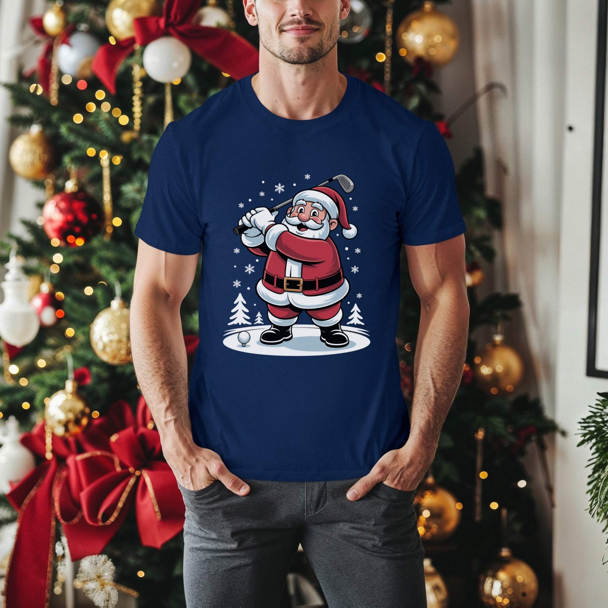 Man wearing navy Santa Golfing T-Shirt with festive Christmas tree background
