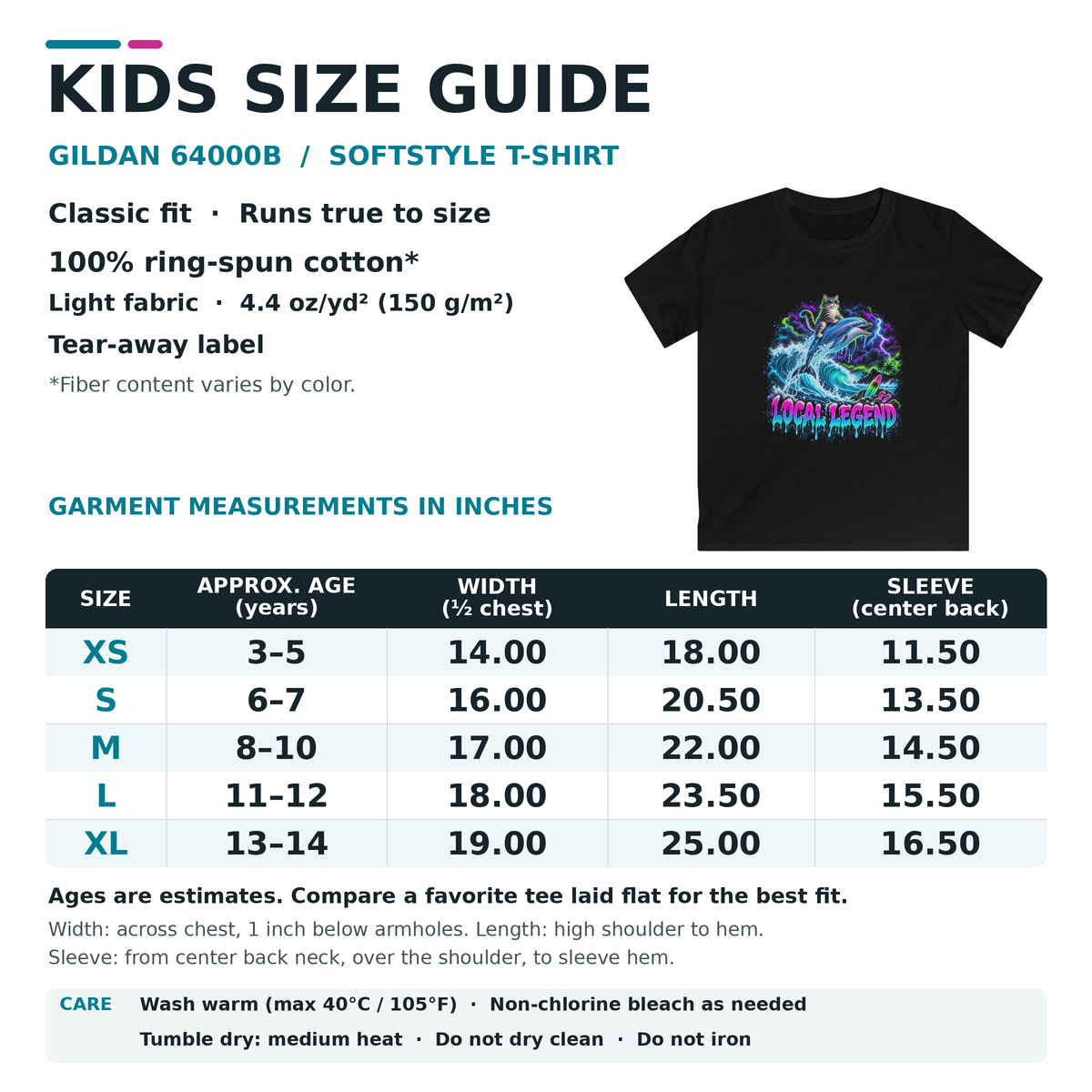 Kids size guide for the Gildan 6400B Softstyle T-shirt, showing a black graphic T-shirt on the right and a size chart table on the left with age, width, length, and sleeve measurements for XS through XL.