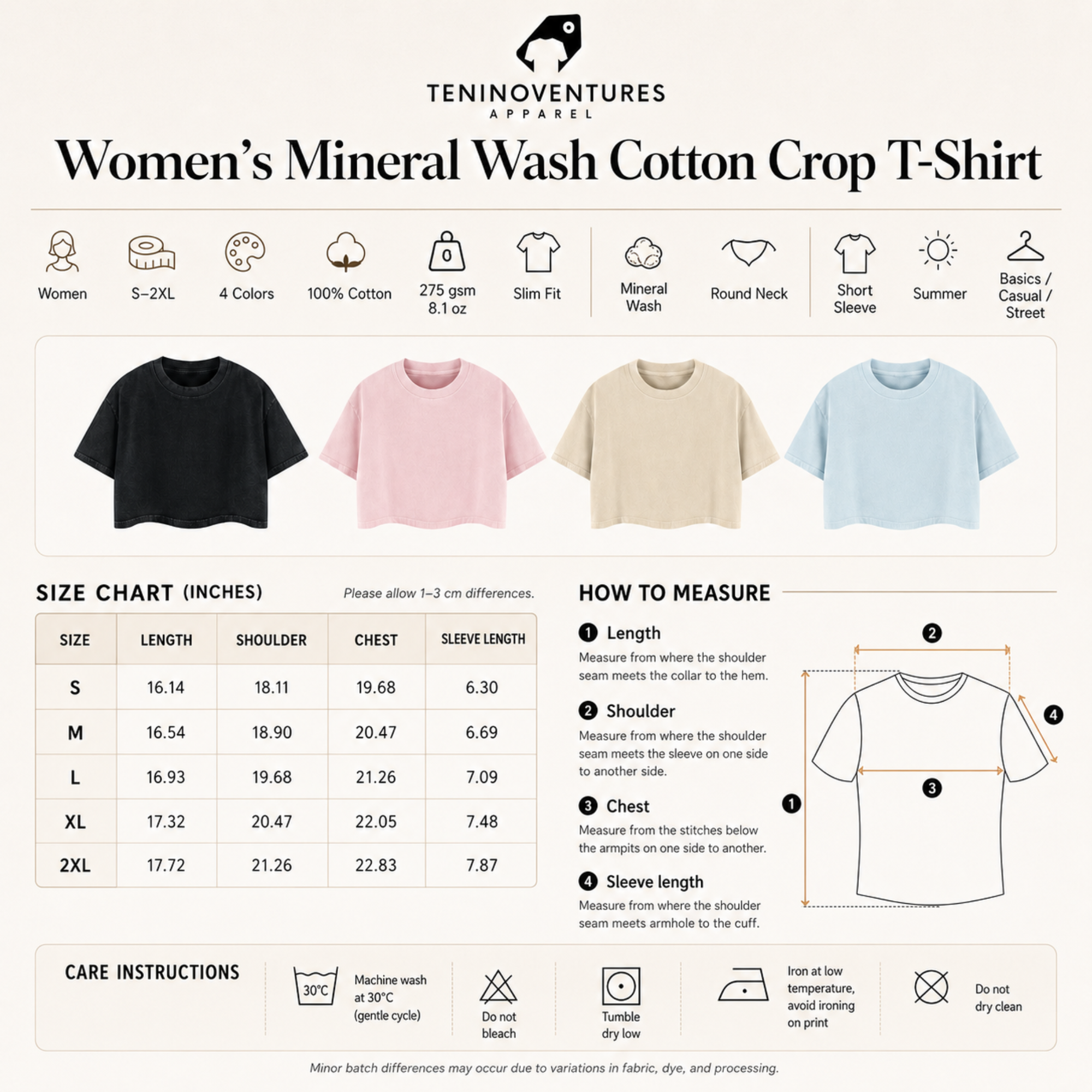Women's mineral wash cotton crop t-shirt in slim fit with round neck and short sleeves