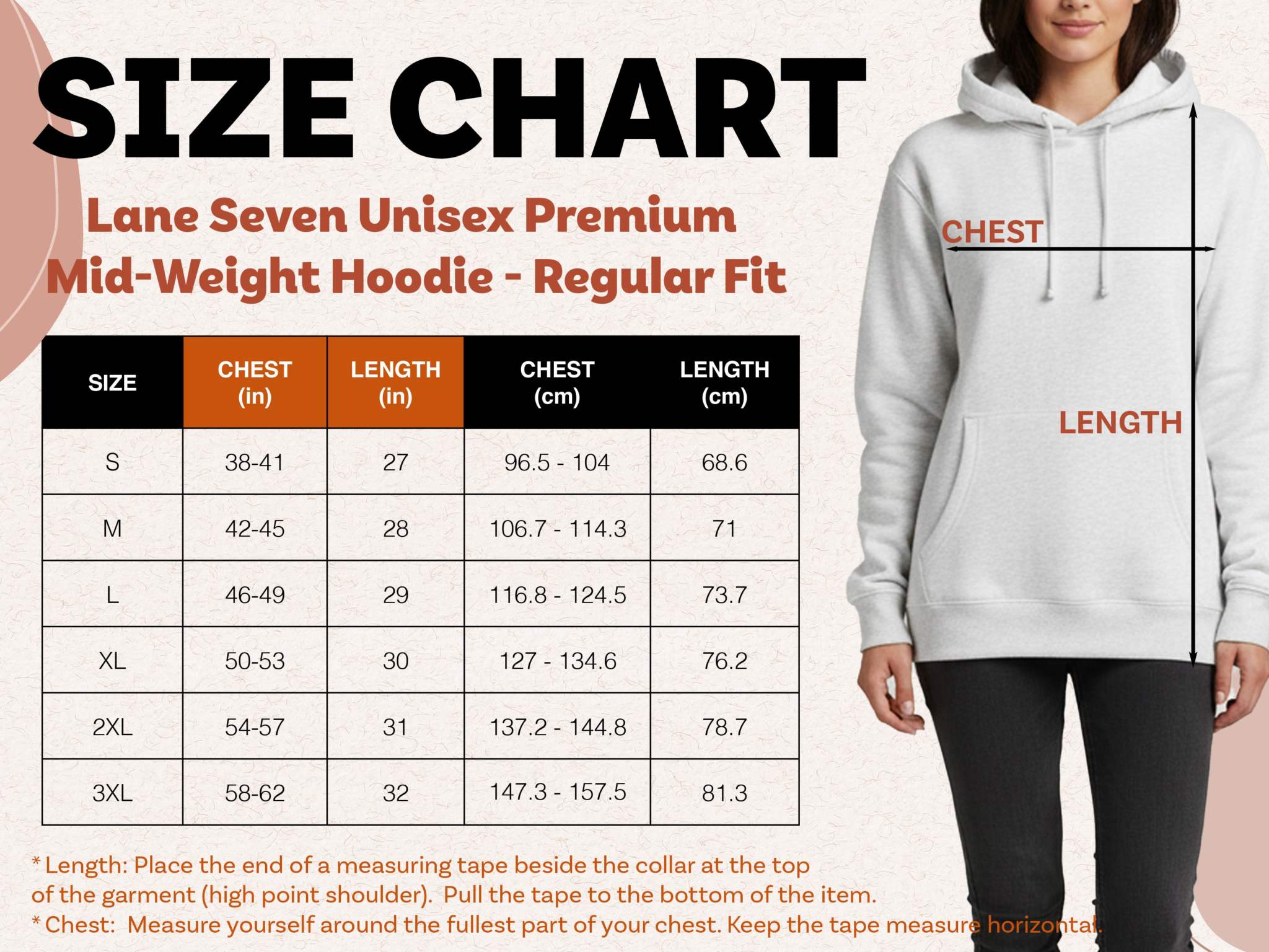 Size chart for Lane Seven unisex premium mid-weight fleece hoodie with chest and length measurements in inches and centimeters displayed on model wearing light grey hoodie