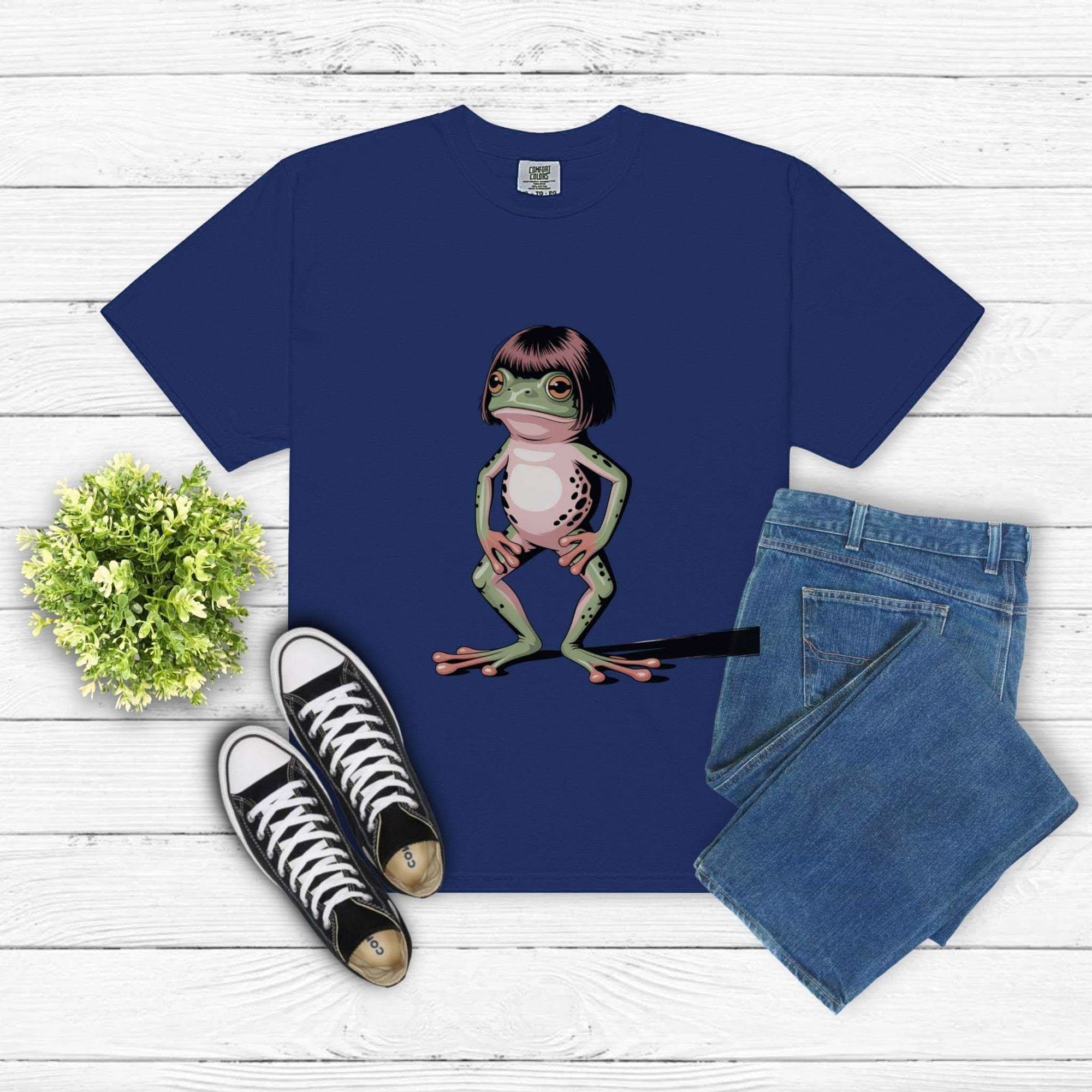 Frog with Bob Haircut Meme graphic on vintage-style t-shirt