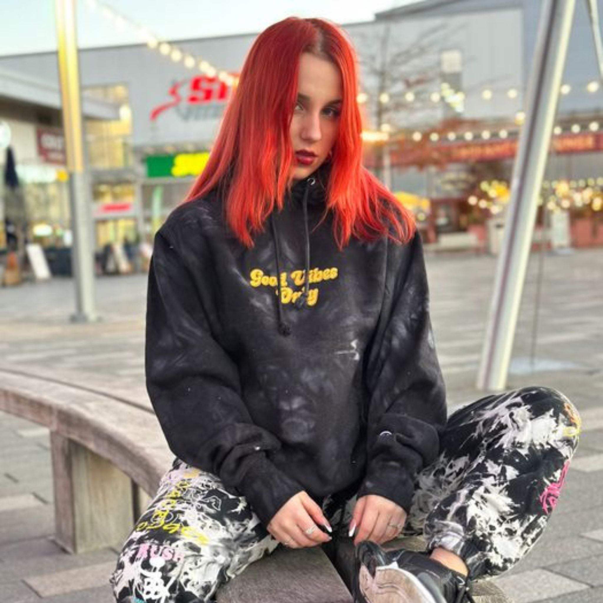 Mulled Berry tie-dye hoodie featuring 'Good Vibes Only' embroidered text by Printify