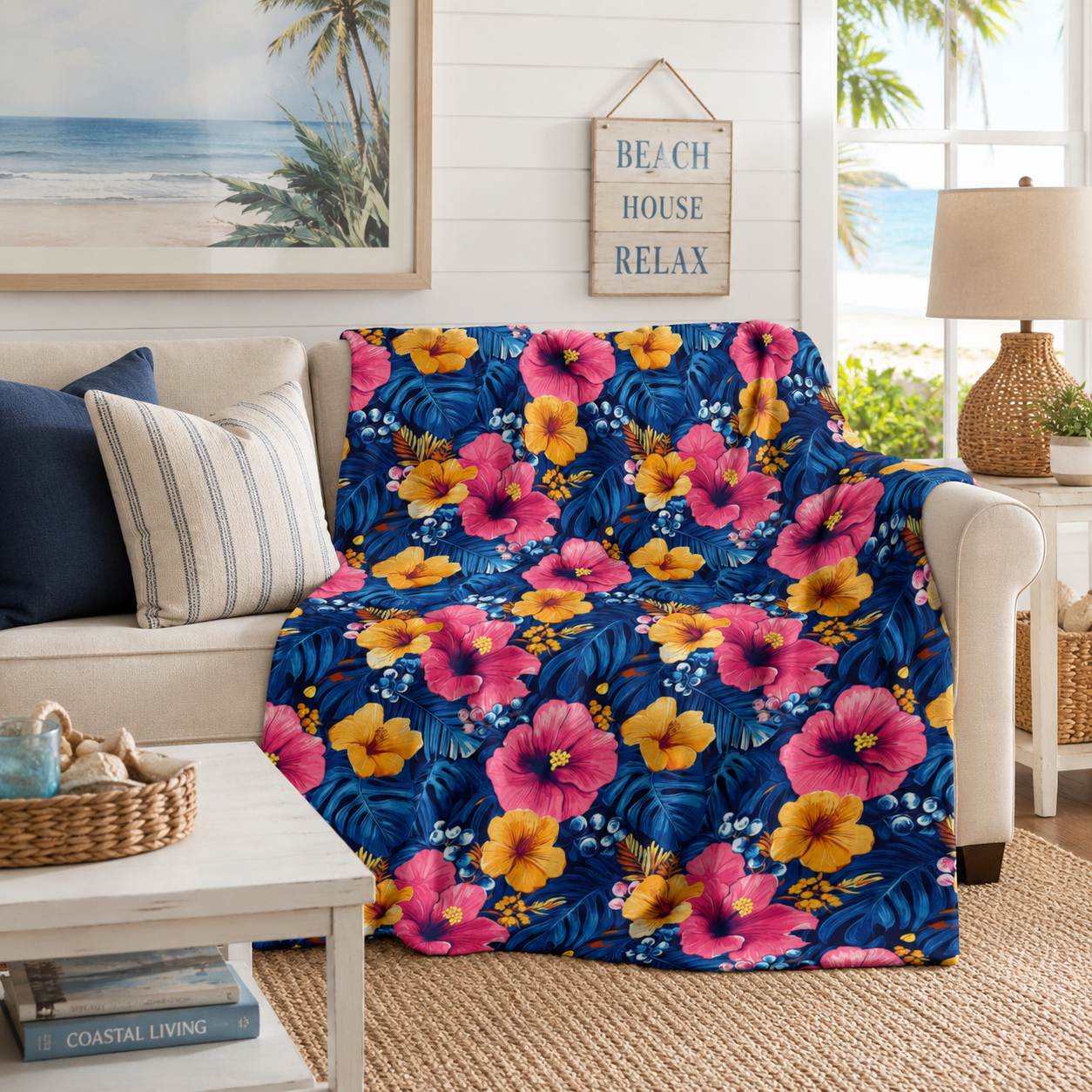 Tropical hibiscus floral velveteen plush blanket with vibrant pink and gold hibiscus on midnight blue background