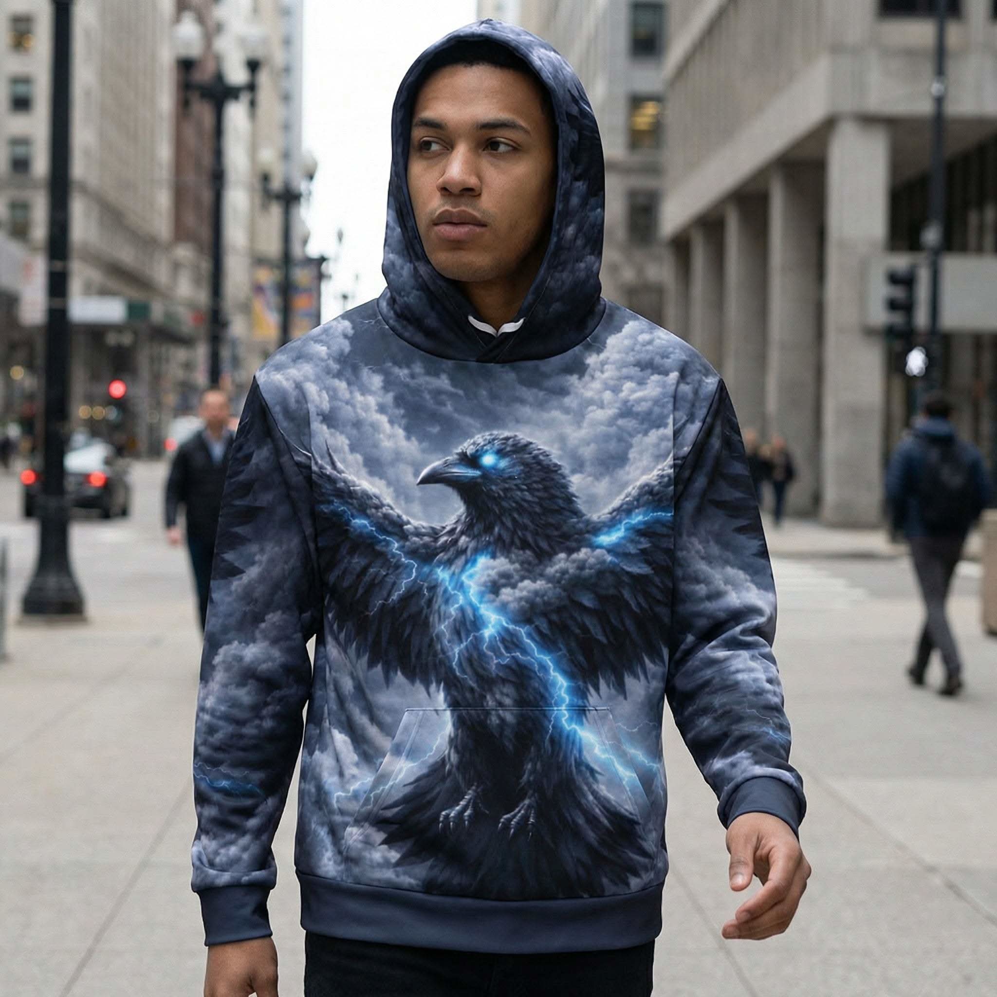 Storm Raven hoodie with all-over raven storm print, unisex cotton streetwear hoodie with relaxed fit and double-layer hood