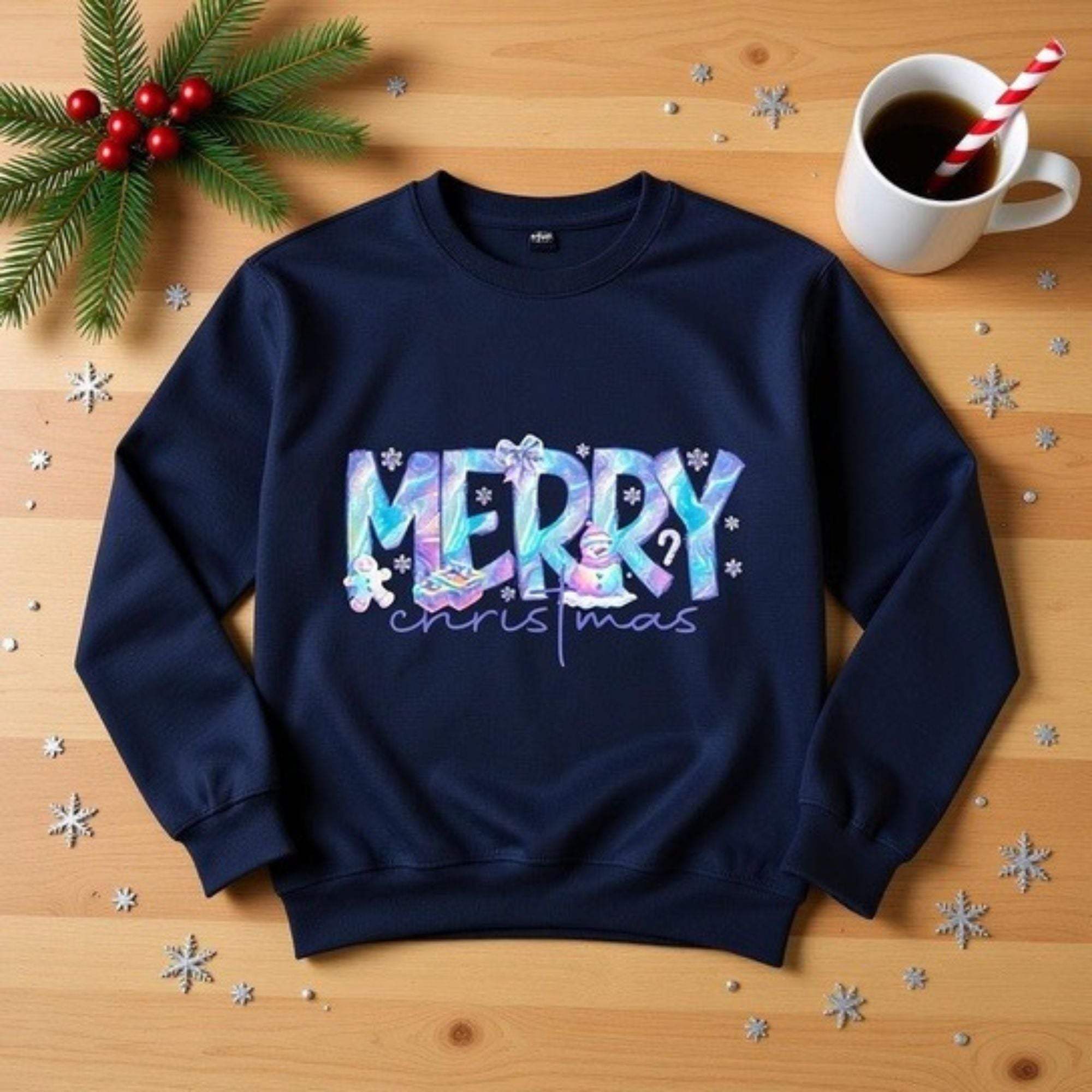 navy sweatshirt with iridescent Merry Christmas design and festive snowflakes on wooden table with holiday decorations and coffee cup