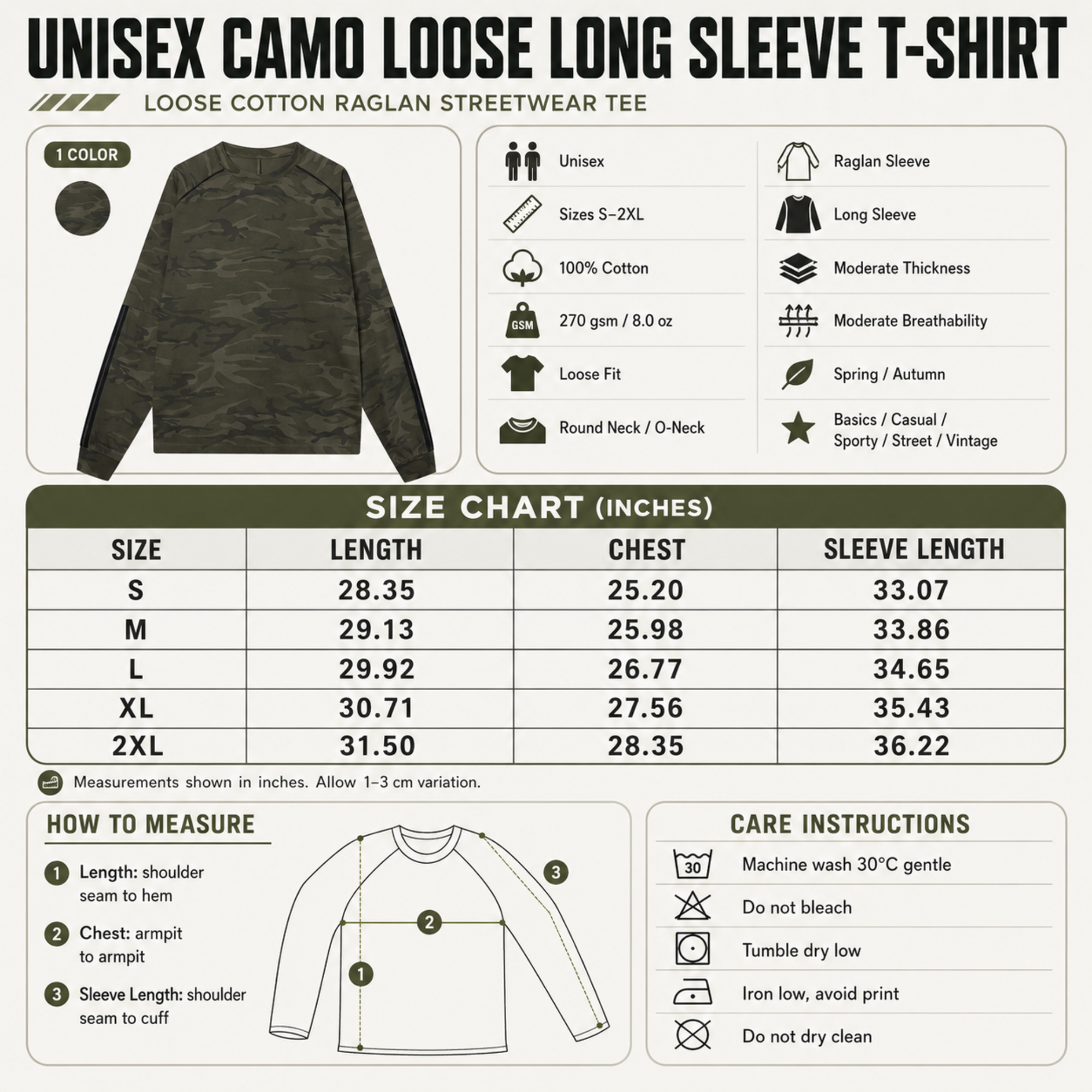 Unisex Camo Loose Long Sleeve T-Shirt | Cotton Raglan Streetwear Tee