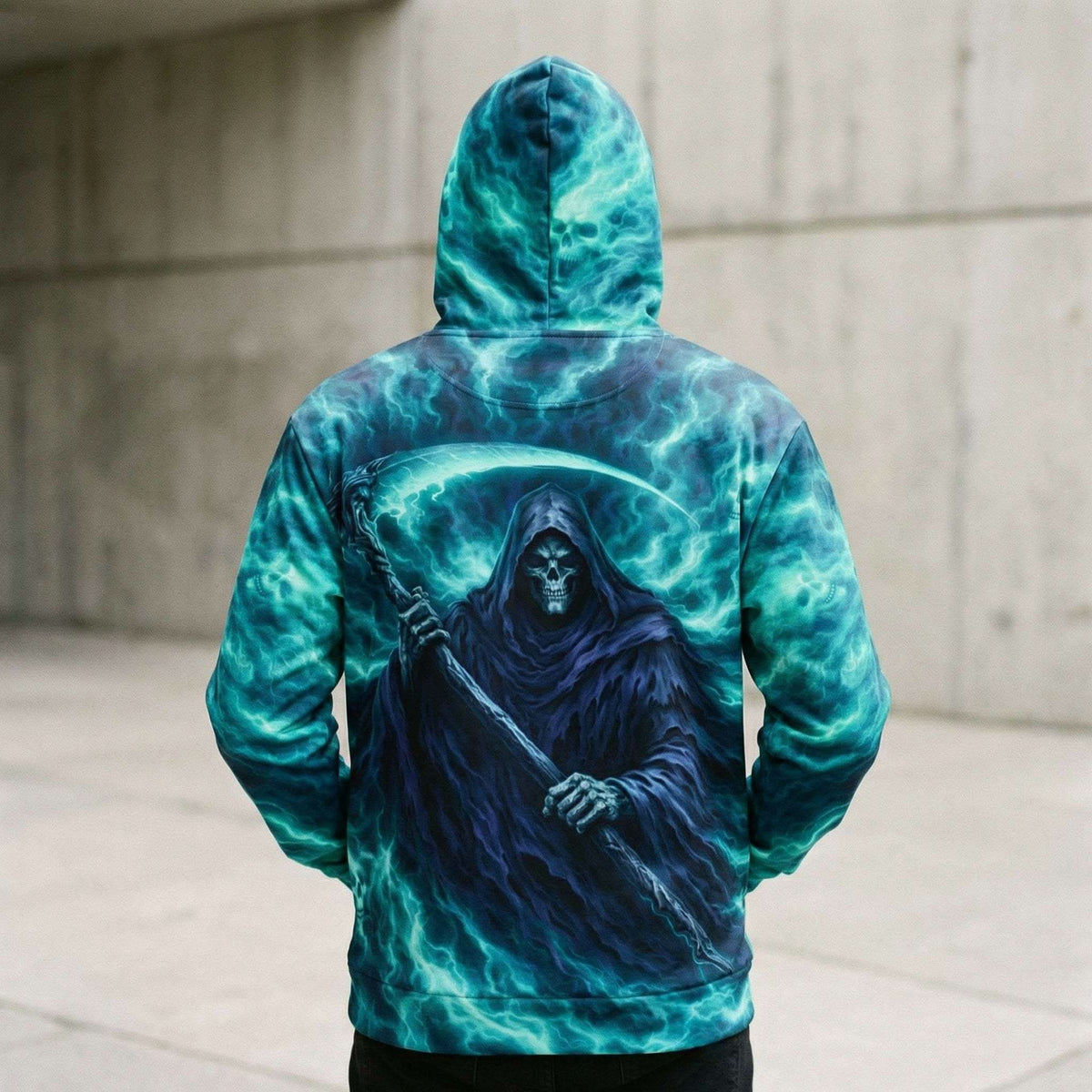 Hoodie with an all-over teal grim reaper print