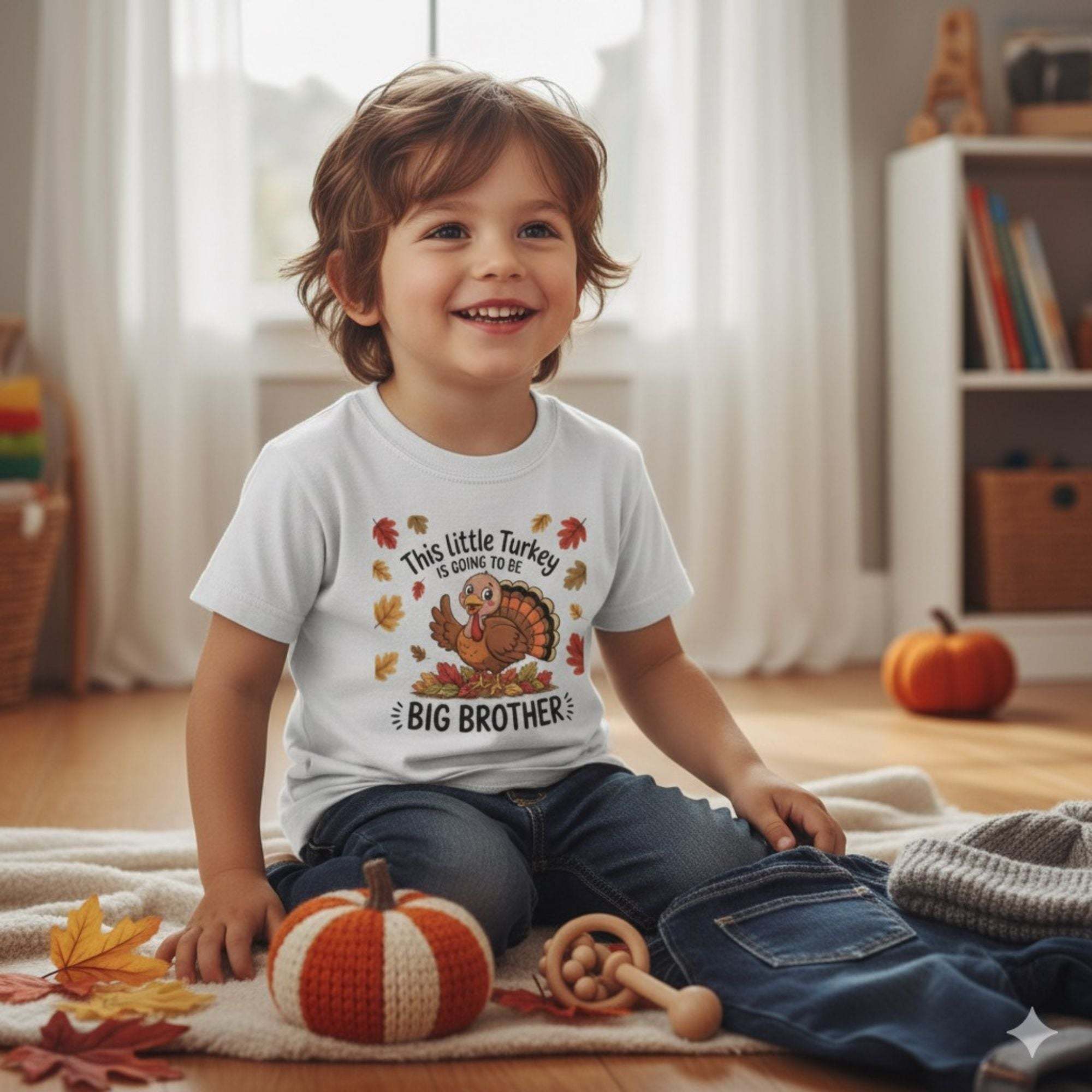 Youth tee big brother Thanksgiving announcement shirt with turkey design on child