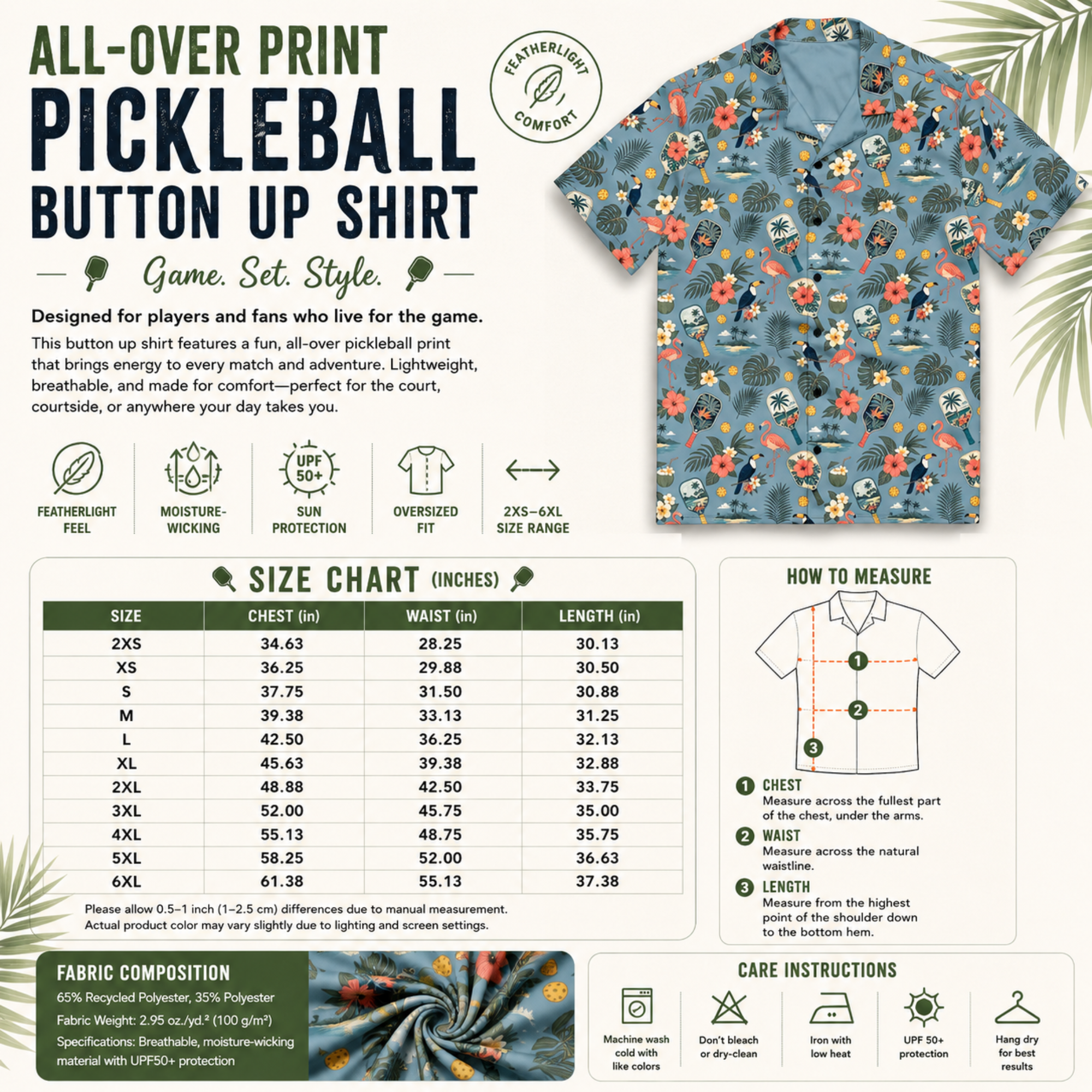 Dusty-blue Pickleball Hawaiian shirt with vintage paddles, flamingos, toucans, and tropical print, unisex UPF 50+ breathable fabric