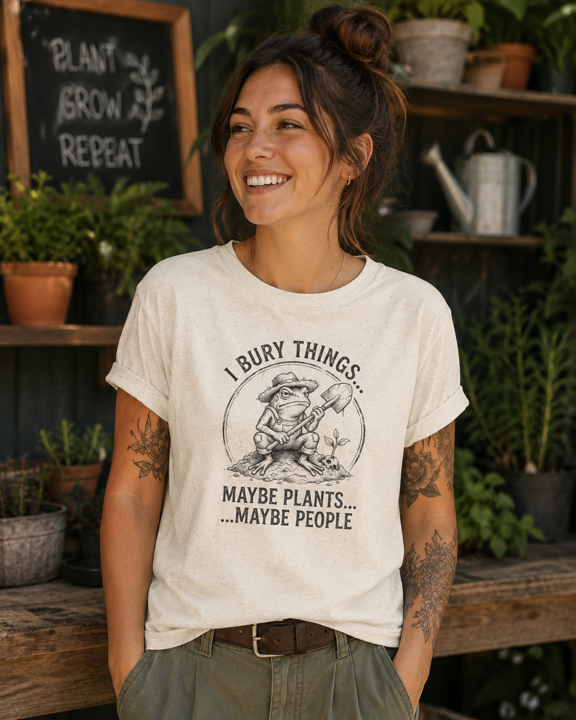 I Bury Things Maybe Plants Maybe People funny gardener t-shirt with gnome digging design