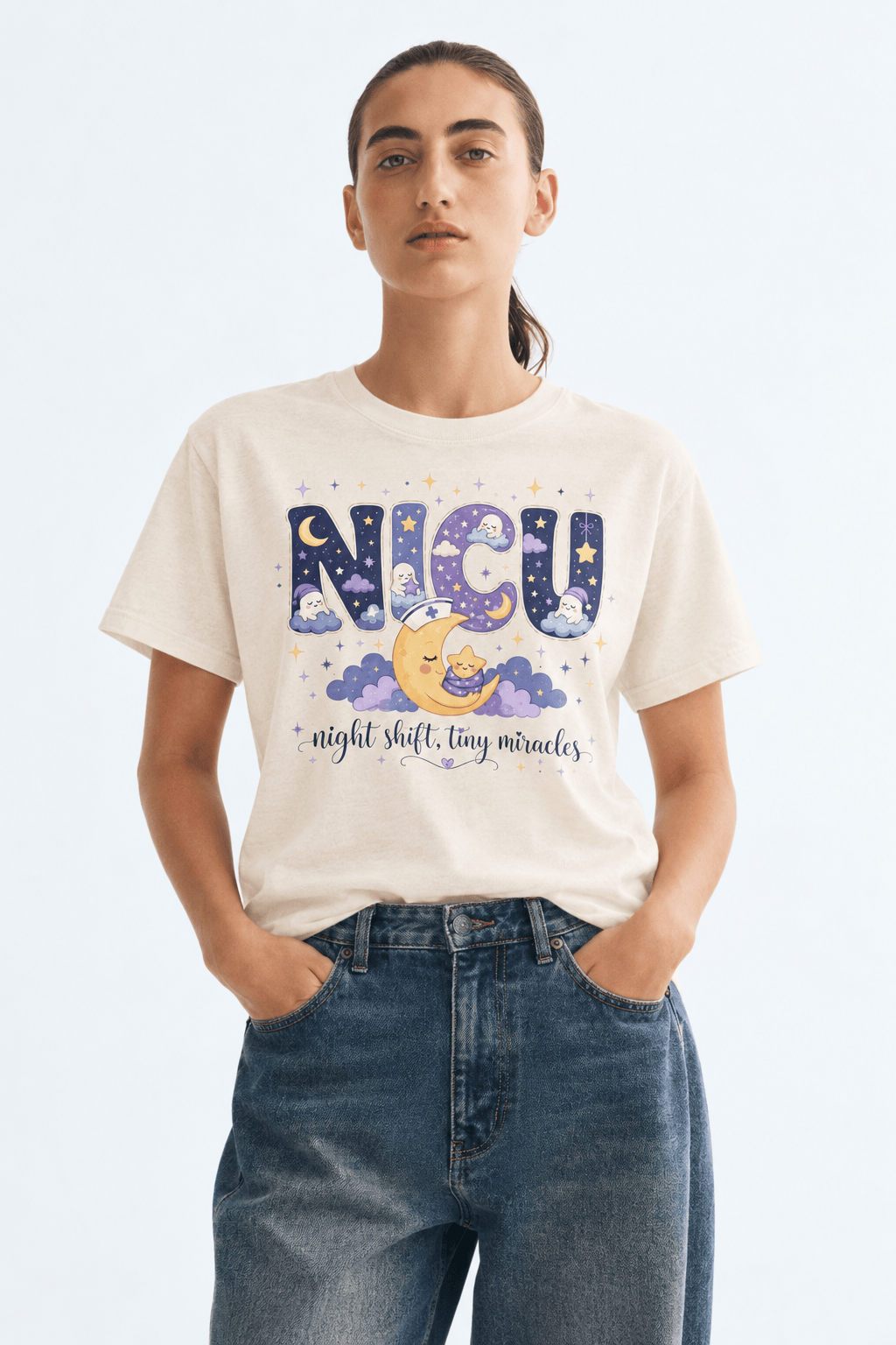 NICU Night Shift Nurse T-Shirt | Tiny Miracles Moon & Stars