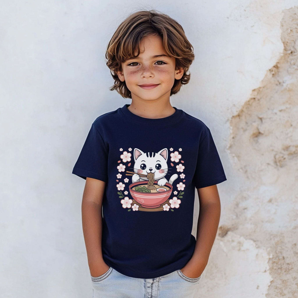 Youth tee featuring kawaii cat eating ramen bowl cute anime noodle shirt