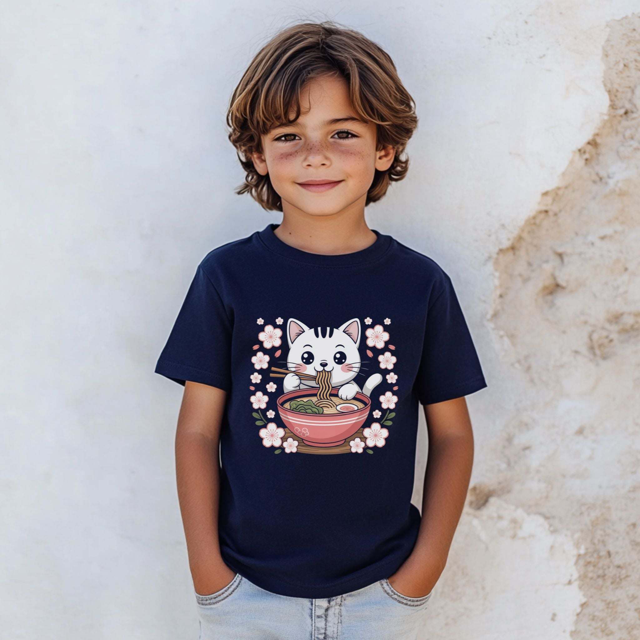 Youth tee featuring kawaii cat eating ramen bowl cute anime noodle shirt