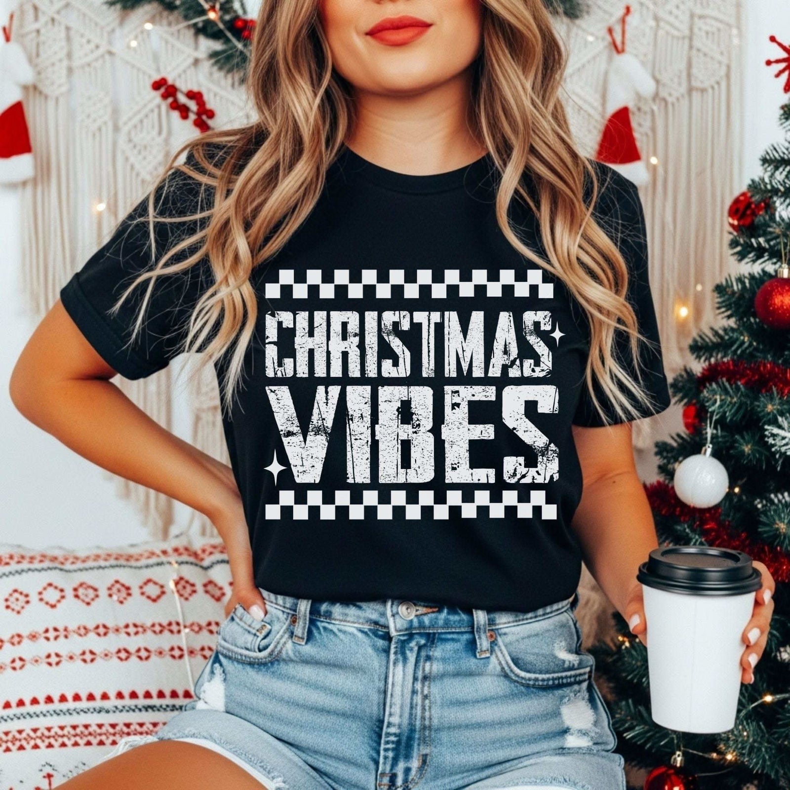 Distressed Christmas Vibes T-Shirt with vintage faded holiday design and soft garment-dyed fabric