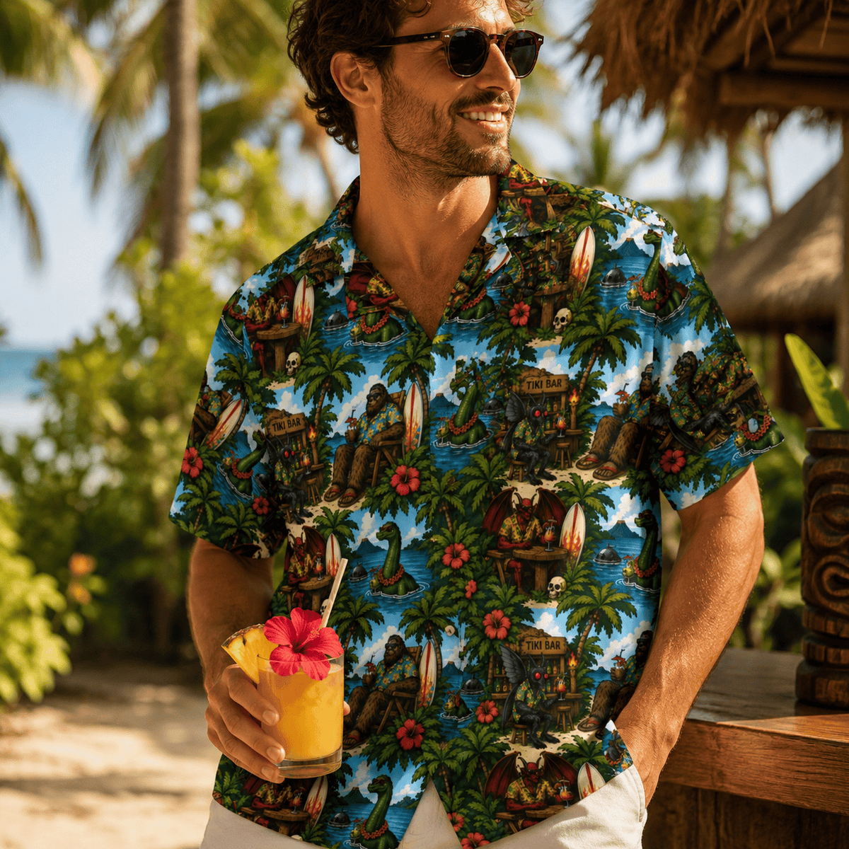 Bigfoot Hawaiian Shirt with tropical Sasquatch tiki print in vintage island colors, unisex UPF 50+ button-up